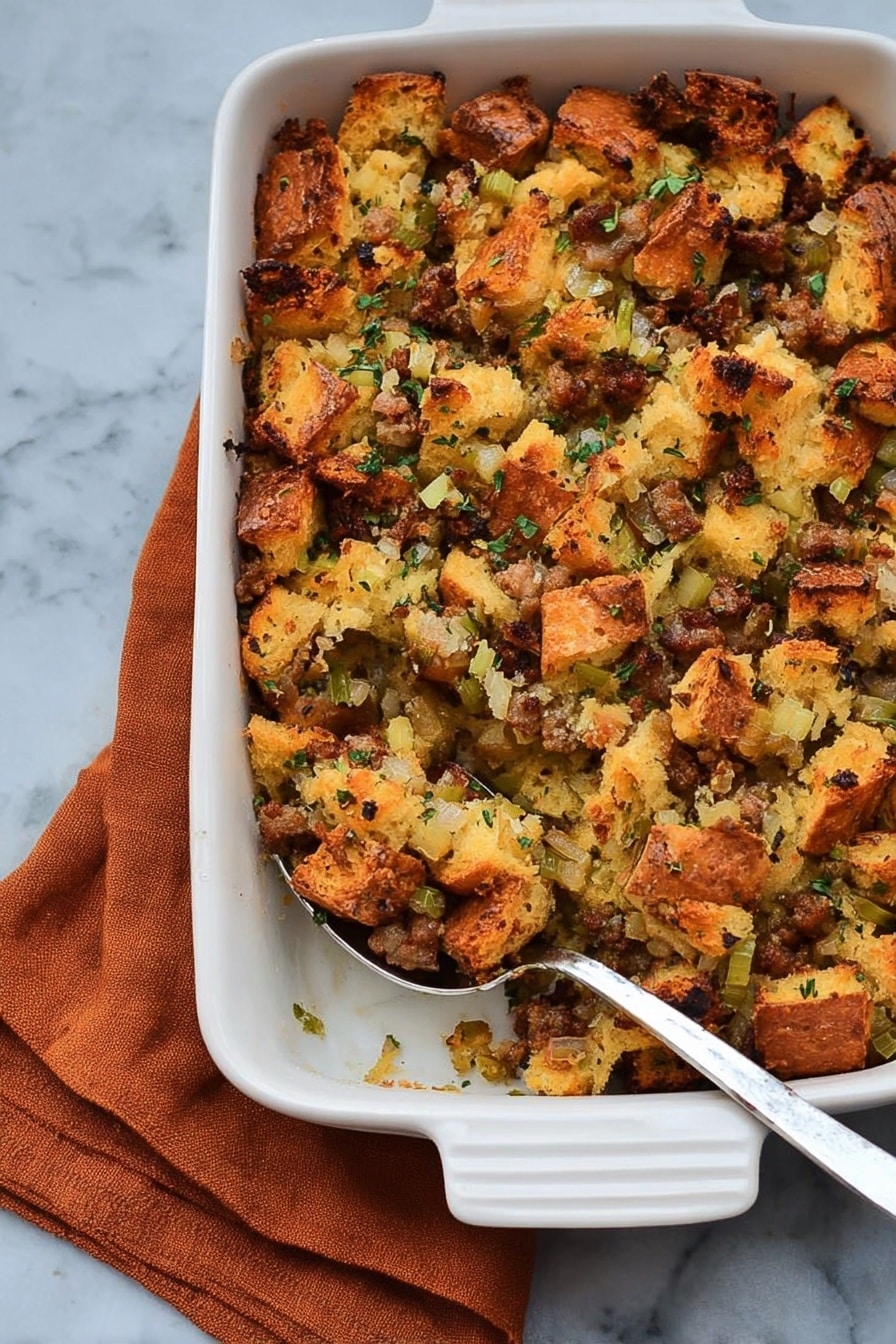 A white rectangular ceramic baking dish with handles filled with a golden-brown bread casserole. The casserole has several layers of chunky bread pieces in light tan and orange hues, mixed with bits of green herbs and darker brown spots of cooked ingredients. The top layer shows a slightly crisp texture with uneven bread chunks coated in a glossy finish. The dish is placed on a white marbled surface. photo taken with an iphone --ar 2:3 --v 7 - Easy Sausage & Herb Stuffing, sausage stuffing, herb stuffing, holiday stuffing, savory stuffing side dish