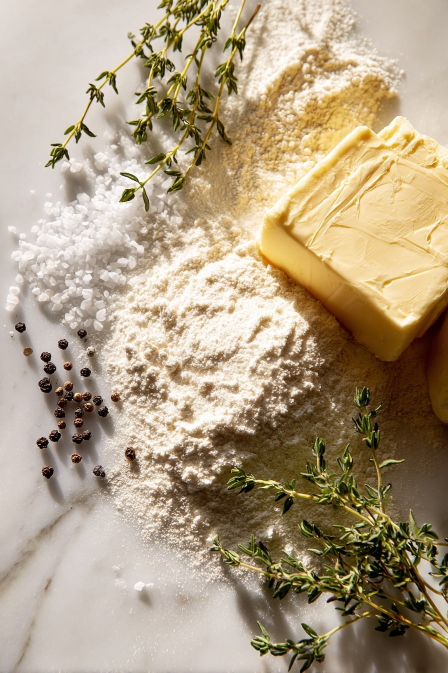 Flat lay of rich golden turkey drippings shimmering with a glossy surface, a chunk of creamy pale yellow salted butter, a small pile of fine white all-purpose flour with soft powdery texture, coarse black peppercorns scattered naturally, crystalline white sea salt flakes, and fresh sprigs of vibrant green thyme arranged loosely to add a touch of color, all beautifully spaced with soft natural shadows, placed on white marbled surface, photo taken with an iphone --ar 2:3 --v 7 - Easy Turkey Gravy from Drippings, homemade turkey gravy, turkey drippings gravy, simple turkey gravy recipe, best turkey gravy