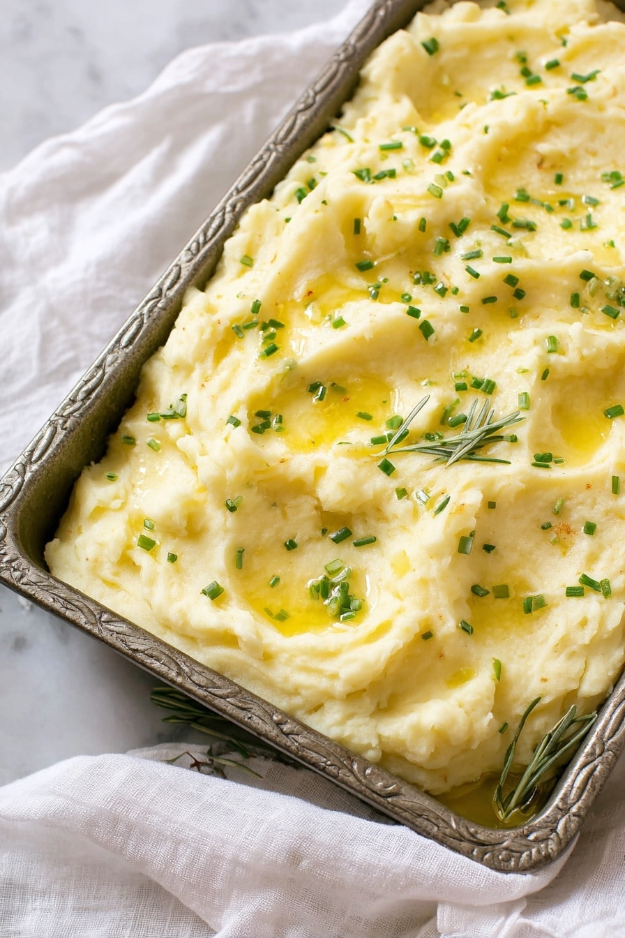 A close-up image of a single layer of creamy mashed potatoes in a textured rectangular metal baking tray, the potatoes are light yellow with a smooth and fluffy texture, topped with small green chives scattered across and drizzled with melted butter adding a shiny finish, the tray is placed on a white fabric, and the background shows a soft-focus white marbled surface photo taken with an iphone --ar 2:3 --v 7 - Creamy Garlic Mashed Potatoes, garlic mashed potatoes, easy mashed potato recipe, buttery mashed potatoes, flavorful mashed potatoes