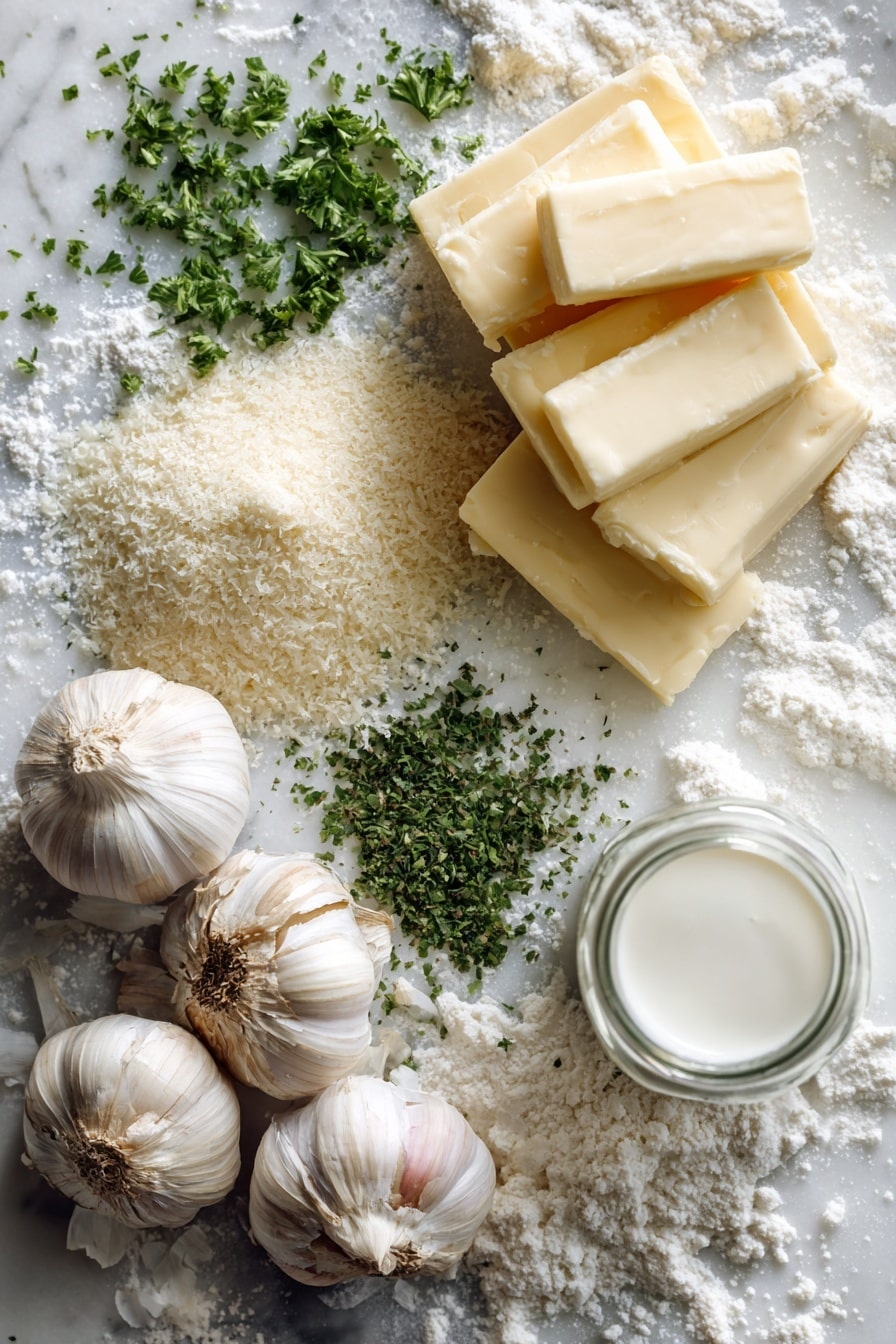 Flat lay of fresh whole garlic cloves with their papery white skins, a small stack of creamy pale yellow salted butter sticks, a scattering of dried bright green parsley flakes in a small pile, coarse granulated white sugar crystals sparkling gently, and smooth white buttermilk in a clear glass jar showing its creamy texture, all beautifully arranged with loose grains of all-purpose flour dusted softly around, placed on white marbled surface, photo taken with an iphone --ar 2:3 --v 7 - Garlic Butter Swim Biscuits, buttery garlic biscuits, melt-in-your-mouth biscuits, easy garlic biscuits, flavorful biscuit recipe