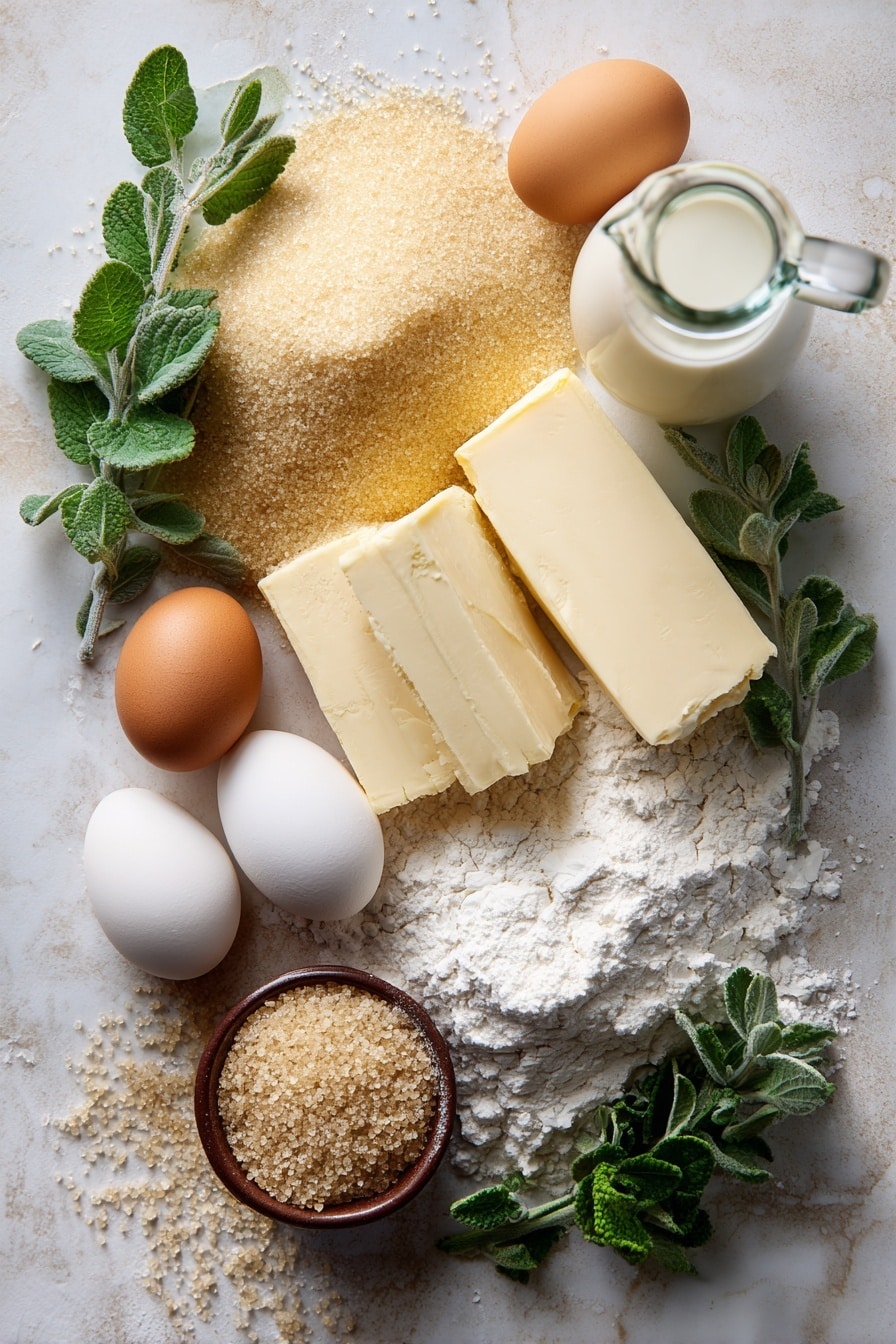 Flat lay of golden granular sugar crystals heaped softly, a pile of creamy white all-purpose flour with a delicate powdery texture, rich yellow salted butter blocks partially melted with glossy surfaces, fresh whole eggs showing smooth warm brown shells, a small mound of active dry yeast granules with rustic light brown specks, a clear glass jug of whole milk with a creamy white hue, a pinch of coarse sea salt crystals sparkling subtly, and a small bunch of vibrant fresh herbs with deep green leaves arranged naturally around each ingredient, placed on white marbled surface, photo taken with an iphone --ar 2:3 --v 7 - Best Homemade Dinner Rolls, fluffy homemade dinner rolls, easy dinner rolls recipe, soft buttery dinner rolls, homemade bread rolls