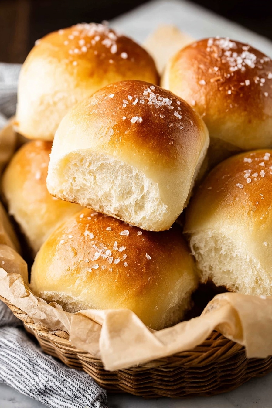 The image shows a close-up of three soft bread rolls in a baking pan lined with parchment paper. The rolls have a shiny, golden-brown top layer with a few sparkling grains of salt on one of them. The inside of the front roll is fluffy and white, with a light texture. The baking pan is dark and rests on a surface with a white marbled texture. photo taken with an iphone --ar 2:3 --v 7 - Best Homemade Dinner Rolls, fluffy homemade dinner rolls, easy dinner rolls recipe, soft buttery dinner rolls, homemade bread rolls