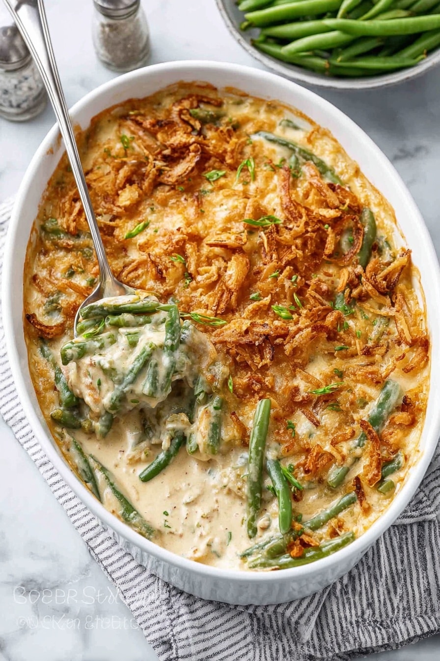 A white round baking dish filled with a creamy green bean casserole. The dish has three visible layers: the base is made of soft green beans mixed in a creamy, off-white sauce, the middle layer includes more green beans creating a textured look, and the top layer is a golden brown crust of crispy fried onions spread evenly. A silver spoon scoops some casserole out from one side, revealing the creamy inside and steam rising slightly. The dish sits on a white marbled surface with a striped cloth underneath on one side. photo taken with an iphone --ar 2:3 --v 7 - Creamy Green Bean Casserole with Crispy Fried Onions, green bean casserole, casserole with fried onions, savory green bean side dish, holiday green bean casserole