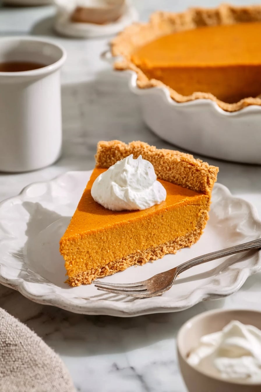 A slice of pumpkin pie with two layers is shown on a white plate with a dotted pattern and a scalloped edge. The bottom crust layer is a golden brown and crumbly texture, supporting a thick, smooth orange pumpkin filling layer above it. A dollop of white whipped cream sits on top of the pumpkin layer. A silver fork is partly in the pie, holding a small piece of the pumpkin layer lifted slightly above the plate. The background is a white marbled texture. Photo taken with an iphone --ar 2:3 --v 7 - No-Bake Pumpkin Pie, easy pumpkin pie dessert, no-bake pumpkin pie recipe, quick fall desserts, pumpkin spice pie