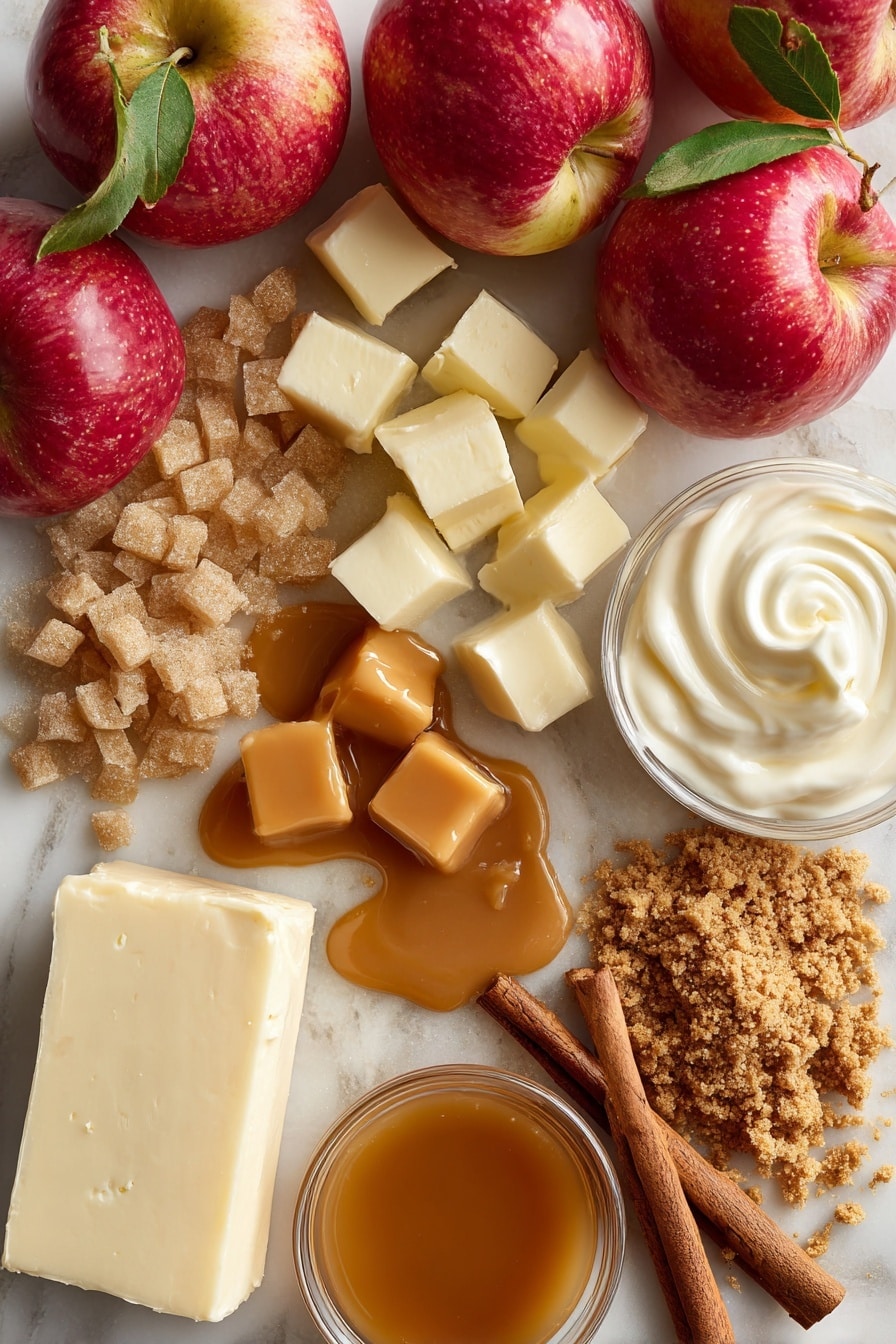 Flat lay of shiny red apples freshly chopped with bits of green leaves, small cubes of creamy salted butter with smooth edges, golden amber caramel sauce glistening in a soft pool, light brown sugar crystals loosely scattered with a sandy texture, a block of smooth white cream cheese resting beside a cinnamon stick with deep brown spiral layers, a small pile of crushed vanilla wafer crumbs with crumbly texture, dollops of thick sour cream alongside a splash of heavy whipping cream with a silky surface, all beautifully arranged in a natural and inviting manner, placed on white marbled surface, photo taken with an iphone --ar 2:3 --v 7 - Caramel Apple Cheesecake, fall dessert recipes, homemade caramel sauce, apple cheesecake dessert, easy cheesecake ideas
