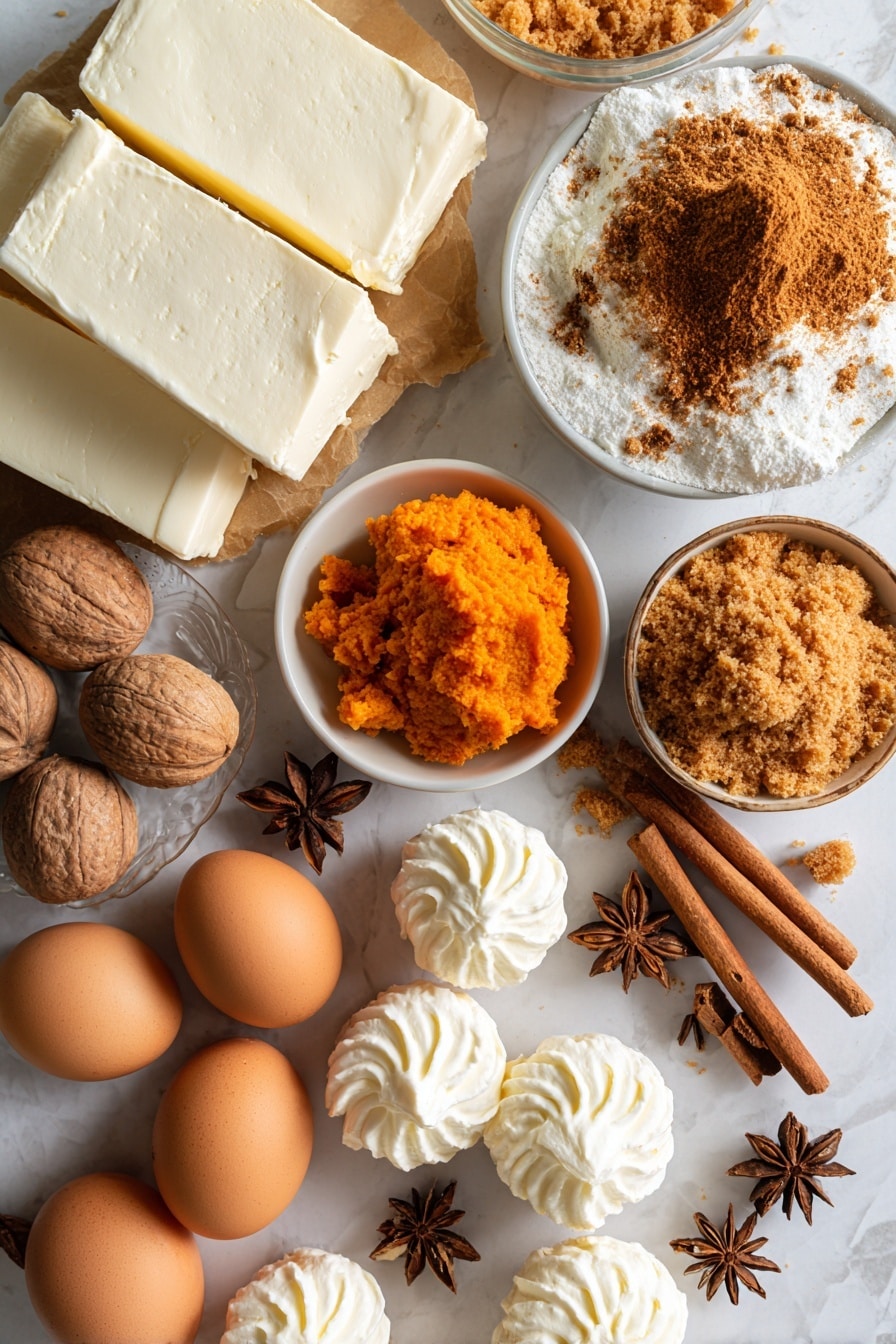 Flat lay of fresh cream cheese blocks with smooth, white creamy texture, bright orange pumpkin puree in a small bowl, warm golden brown graham cracker crumbs with coarse texture scattered lightly, shiny brown sugar crystals piled neatly, fresh whole eggs with smooth beige shells, fresh sour cream dollops with glossy white swirls, cinnamon sticks and whole nutmeg adding rich brown tones, several star anise pods for deep rust color, all artfully arranged with natural spacing and soft shadows, placed on white marbled surface, photo taken with an iphone --ar 2:3 --v 7 - Pumpkin Cheesecake Bars, Pumpkin Cheesecake Bars recipe, fall dessert ideas, easy pumpkin cheesecake, no-bake pumpkin bars
