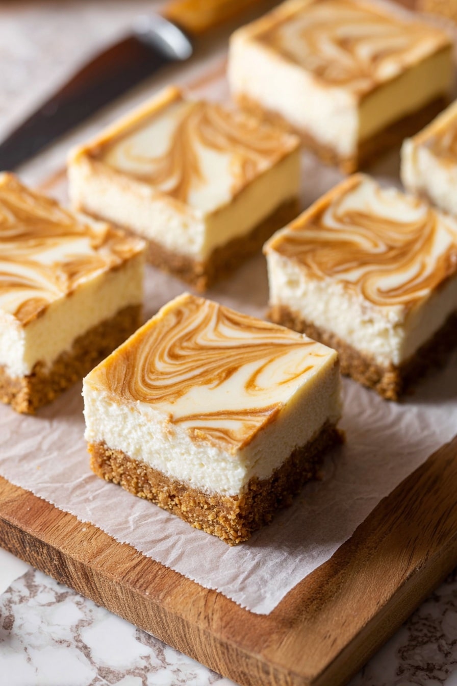 The image shows a slice of layered dessert with three layers. The bottom layer is crumbly and brown, resembling a baked crust. The middle layer is thick and creamy white, smooth and soft in texture. The top layer is thin with a light brown and white swirl pattern, creating a marbled effect. The dessert slice sits on a piece of parchment on a wooden surface, with other similar slices blurred in the background. The photo is taken with an iphone --ar 2:3 --v 7 - Pumpkin Cheesecake Bars, Pumpkin Cheesecake Bars recipe, fall dessert ideas, easy pumpkin cheesecake, no-bake pumpkin bars