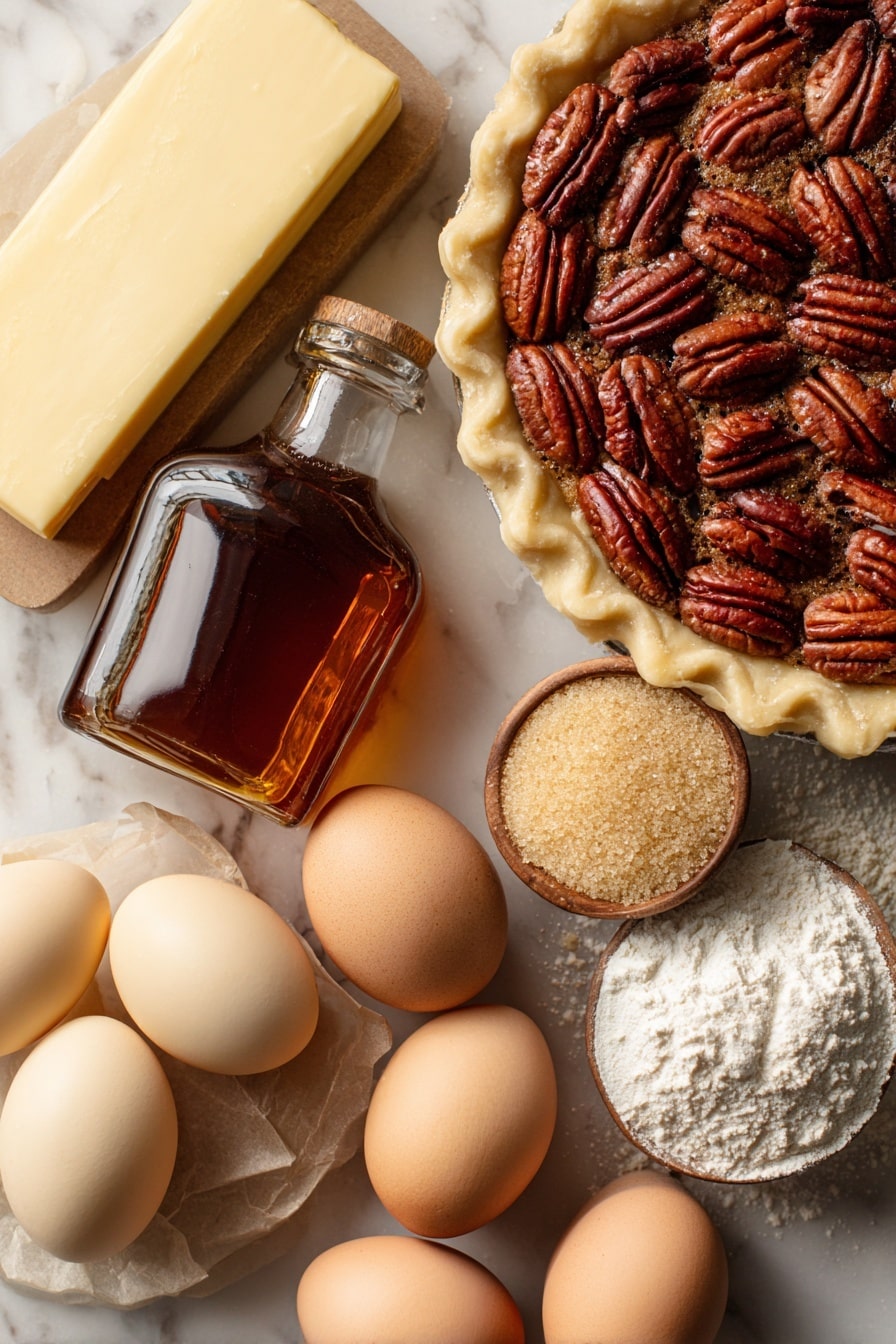 Flat lay of glossy pecan halves with rich, warm brown hues and intricate textures, a smooth slab of pale yellow salted butter, golden light corn syrup glistening softly, three large fresh eggs with smooth ivory shells, a small heap of light and dark golden granulated and brown sugars with a sparkling crystalline texture, a glass bottle of vanilla extract with deep amber liquid inside, and a round, pale beige unbaked homemade pie crust with a gently fluted edge, all arranged naturally with slight overlaps and shadows to highlight their freshness and color contrast, placed on white marbled surface, photo taken with an iphone --ar 2:3 --v 7 - Pecan Pie, classic pecan pie recipe, homemade pecan pie, best pecan pie, easy pecan pie