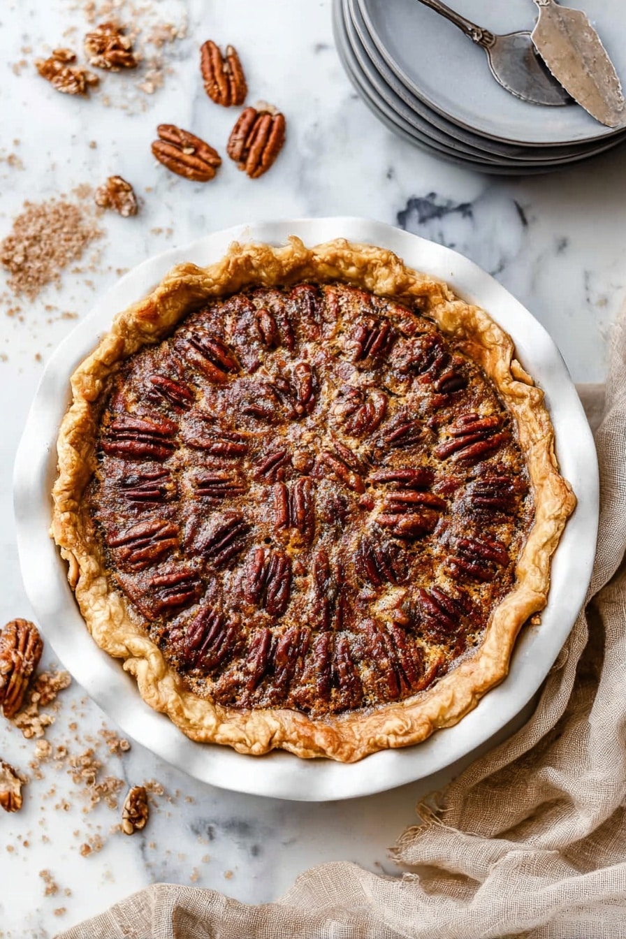 A close-up of a single slice of pecan pie on a white plate, showing three layers: a golden-brown flaky crust at the bottom and edges, a thick dark brown gooey filling in the middle clustered with glossy pecan halves on top, arranged unevenly but covering the surface well; crumbs are scattered around the slice on the plate, which sits on a white marbled surface, with a silver fork placed to the right side. Photo taken with an iphone --ar 2:3 --v 7 - Pecan Pie, classic pecan pie recipe, homemade pecan pie, best pecan pie, easy pecan pie