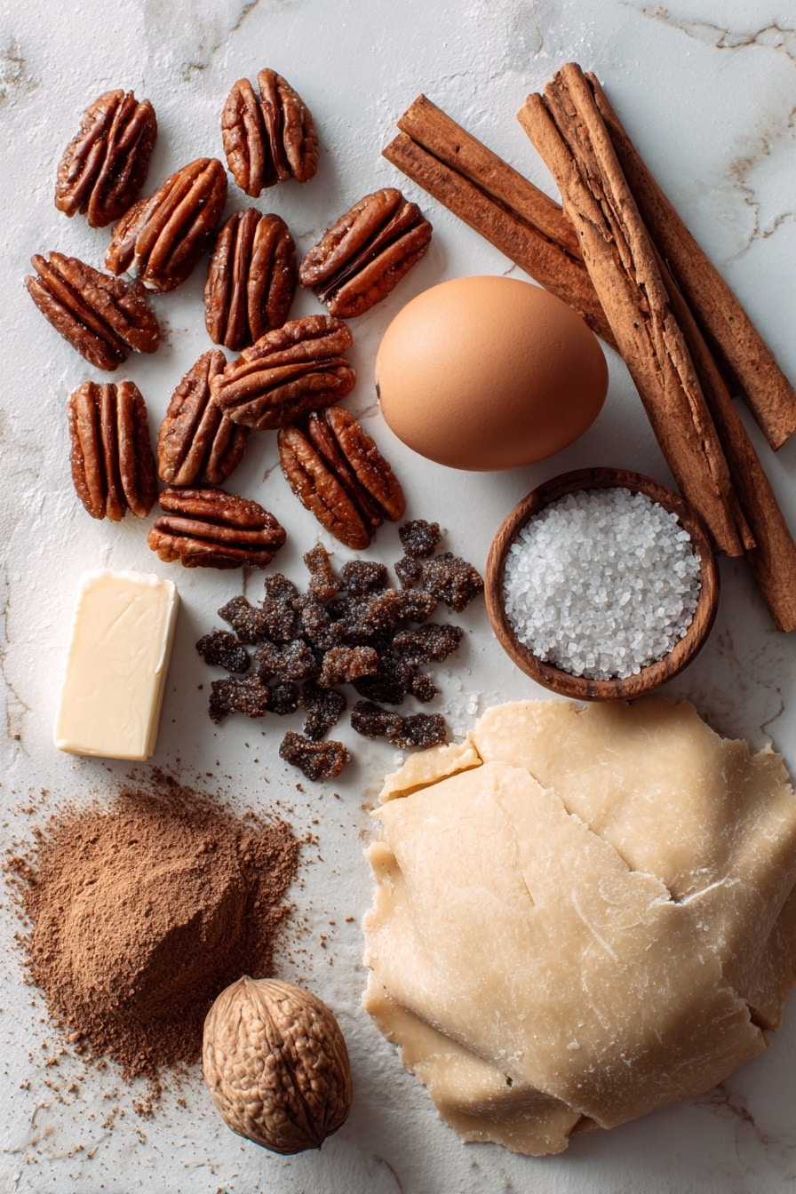 Flat lay of whole pecans with rich brown shells, a stick of unsalted butter melting gently at one side, a small pile of dark brown sugar crystals sparkling in the light, a fresh large brown egg with smooth shell, cinnamon sticks with rough texture and warm reddish-brown hue, a small heap of finely ground nutmeg powder with earthy tone, tiny white coarse sea salt flakes scattered naturally, and a rolled-out pale beige pie dough circle with soft folds and a slightly flour-dusted surface, all beautifully arranged in a casual yet artful manner placed on white marbled surface, photo taken with an iphone --ar 2:3 --v 7 - Mini Pecan Pies in a Muffin Pan, easy pecan pie bites, bite-sized pecan desserts, holiday pecan pie treats, pecan pie appetizer