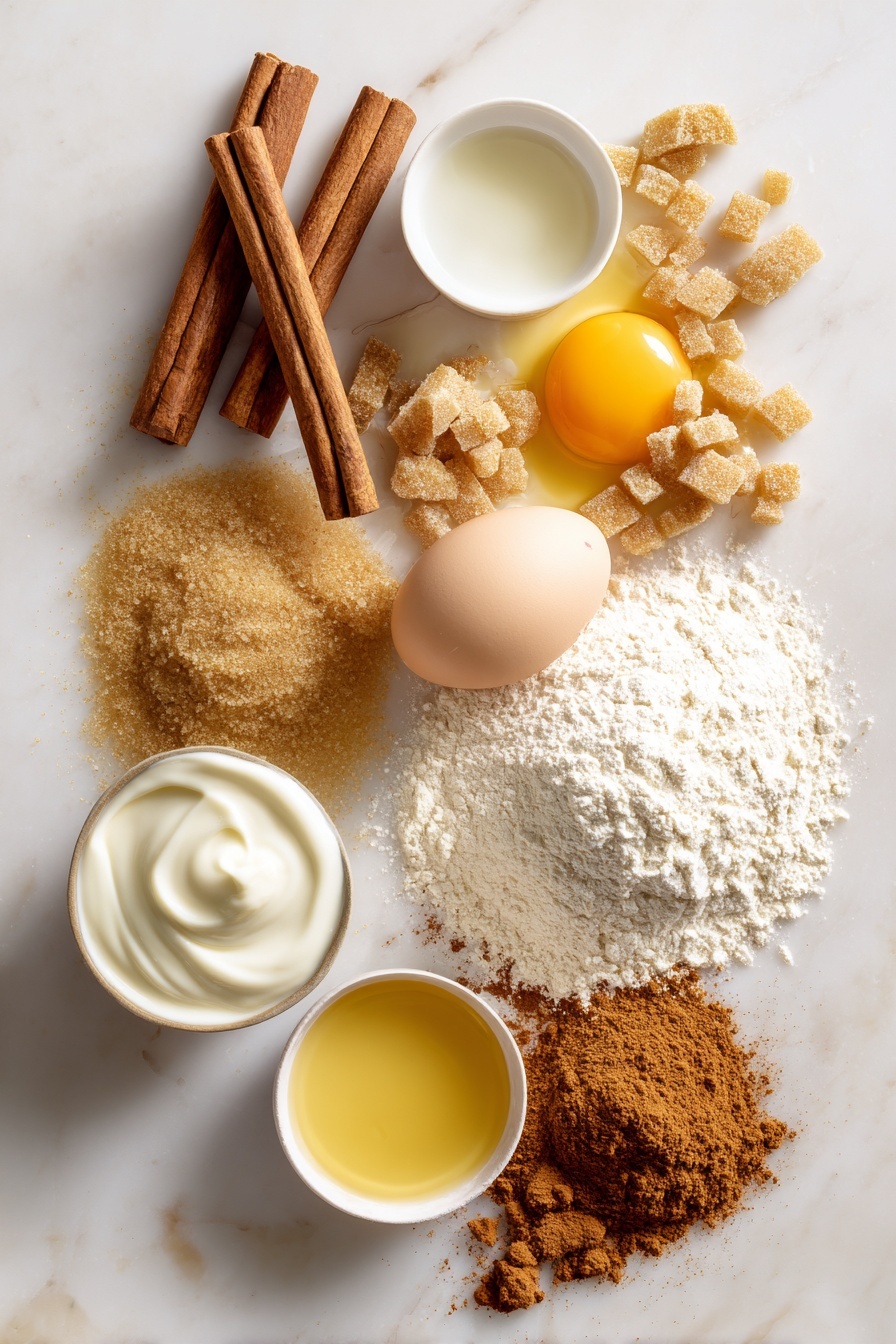 Flat lay of warm brown cinnamon sticks with textured ridges, golden light brown packed brown sugar crystals, smooth creamy white yogurt dollops, fresh light yellow whole egg, rich golden melted butter pools, tiny piles of warm reddish-brown ground cinnamon and nutmeg powders, creamy off-white all-purpose flour scattered gently, and a small splash of fresh white milk, all beautifully arranged in natural loose clusters and soft mounds with varied textures, placed on white marbled surface, photo taken with an iphone --ar 2:3 --v 7 - Baked Cinnamon Sugar Donuts, Easy baked donuts, Soft cinnamon donuts, Homemade baked donuts recipe, No-fry donut recipe