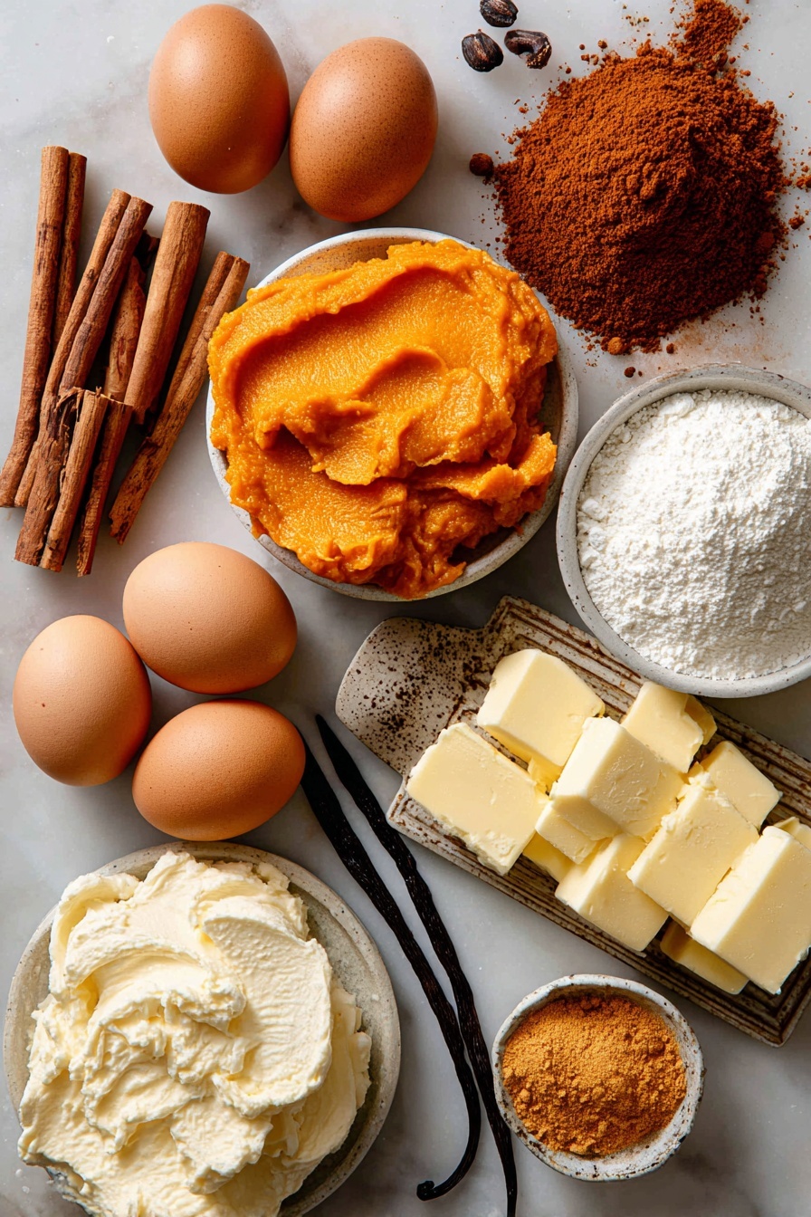 Flat lay of bright orange pumpkin puree dolloped next to warm brown cinnamon sticks and a small heap of earthy pumpkin pie spice powder, surrounded by shiny brown eggs with smooth shells, a mound of creamy white cream cheese, soft golden butter chunks, a scattering of fine white powdered sugar, and a small vanilla bean pod revealing glossy black seeds, all beautifully arranged with natural light enhancing their rich textures and colors, placed on white marbled surface, photo taken with an iphone --ar 2:3 --v 7 - Pumpkin Roll with Cream Cheese Filling, pumpkin roll recipe, fall dessert recipes, pumpkin cake roll, cream cheese pumpkin dessert