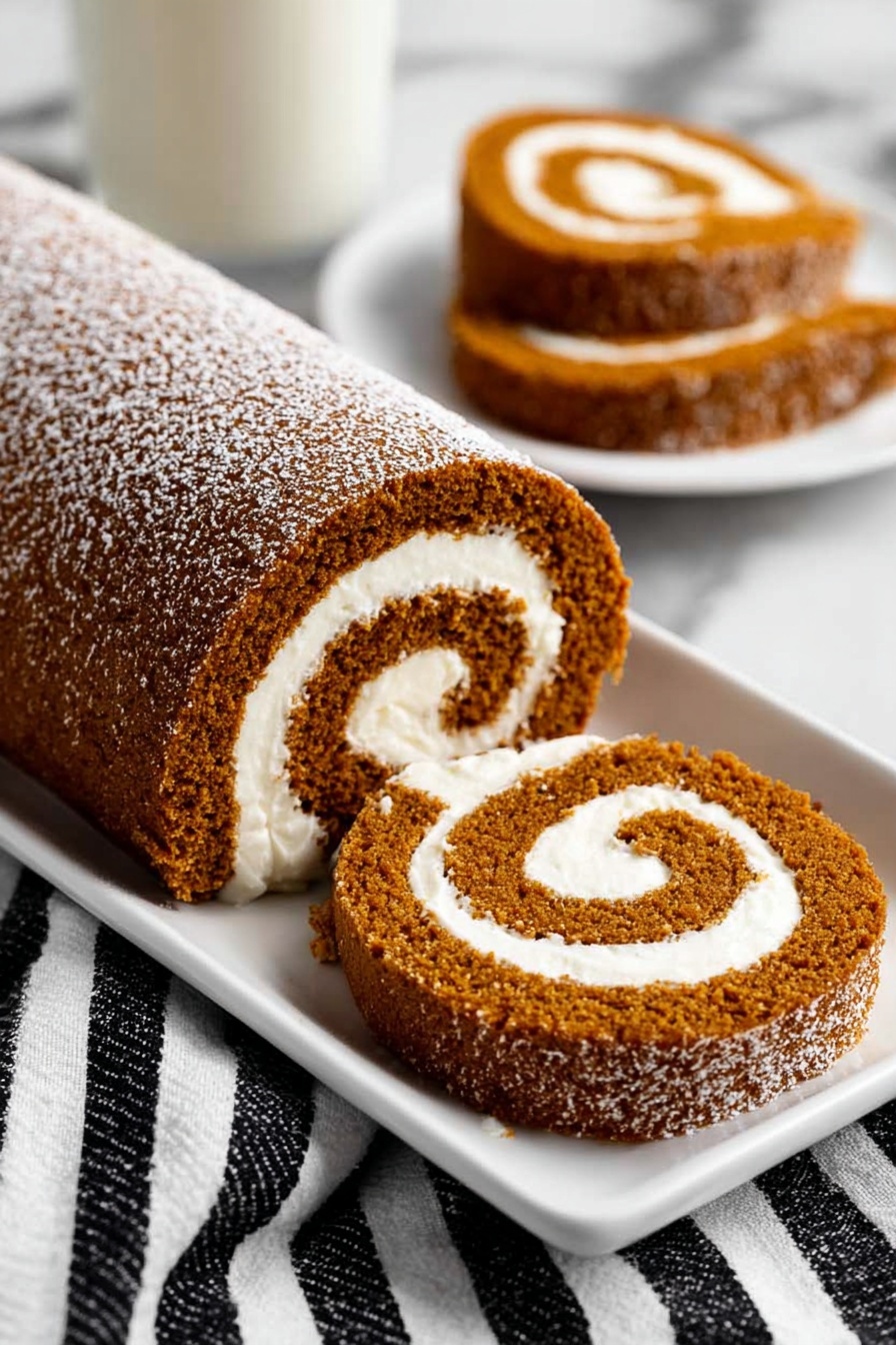 The image shows two views of a rolled cake on a white plate placed on a white marbled surface. The cake has two main layers: the outer layer is a soft, brown sponge with a slightly rough texture, and inside it is a thick layer of smooth, white cream rolled into a spiral shape. In the left part of the image, the whole roll is visible with a light dusting of white powdered sugar on top. On the right side, a single round slice of the cake displays the spiral cream and sponge layers clearly. Nearby, a striped cloth and a cinnamon stick rest on the white marbled surface, adding a cozy touch. Photo taken with an iphone --ar 2:3 --v 7 - Pumpkin Roll with Cream Cheese Filling, pumpkin roll recipe, fall dessert recipes, pumpkin cake roll, cream cheese pumpkin dessert
