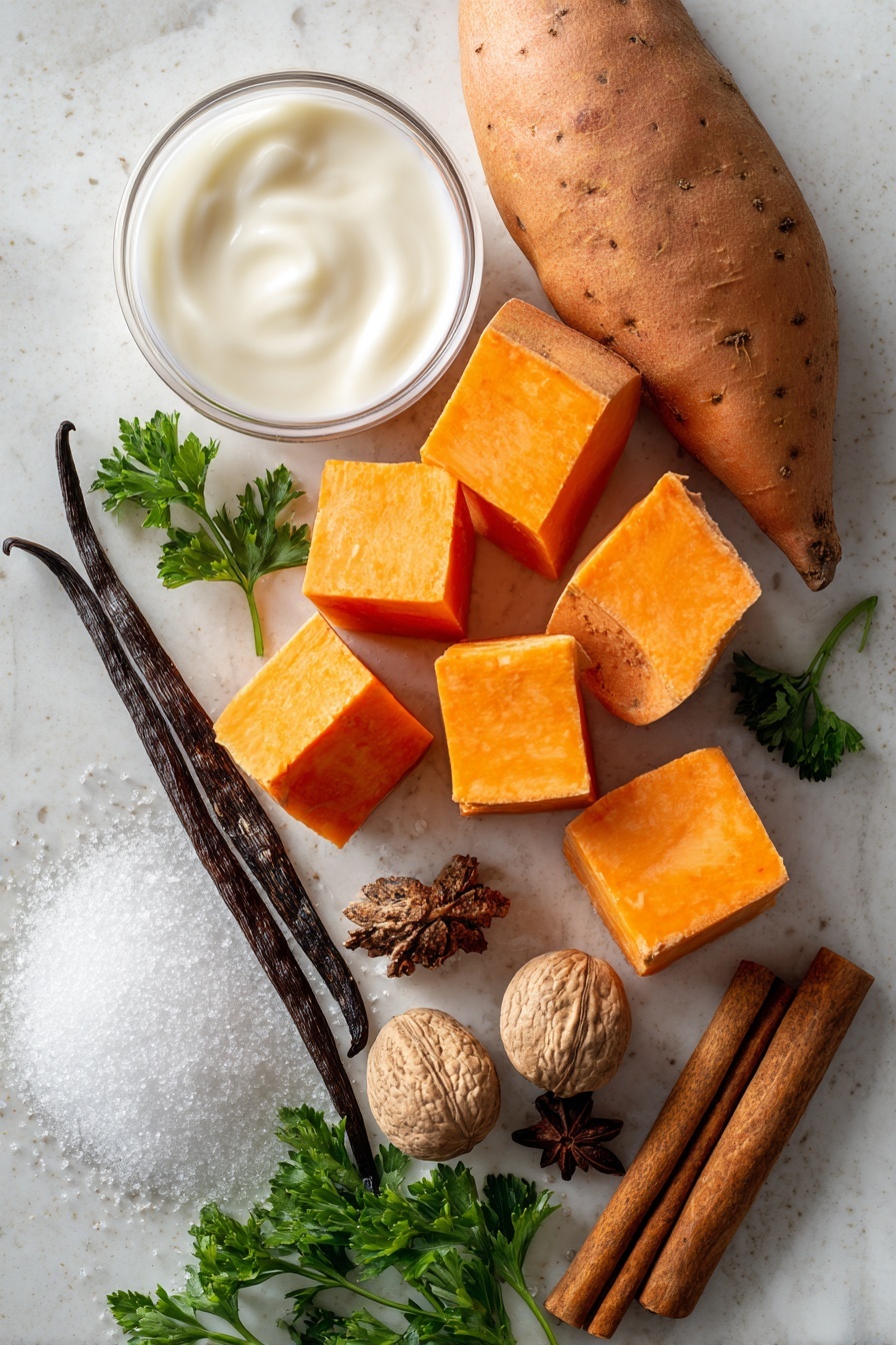 Flat lay of two medium sweet potatoes, peeled and roughly diced showing their bright orange flesh and smooth skin, a split vanilla bean pod with glossy black seeds exposed, two cinnamon sticks with rich brown textured bark, one whole nutmeg featuring its round, slightly rough beige surface, a small pile of white granulated sugar sparkling softly, a small bowl of creamy white heavy cream with a smooth texture, and a few fresh green sprigs of parsley for a touch of color, all beautifully arranged in a natural, slightly scattered pattern with warm tones and contrasting textures, placed on white marbled surface, photo taken with an iphone --ar 2:3 --v 7 - Silky Sweet Potato Pie, sweet potato pie recipe, creamy sweet potato dessert, comforting holiday pie, easy sweet potato pie