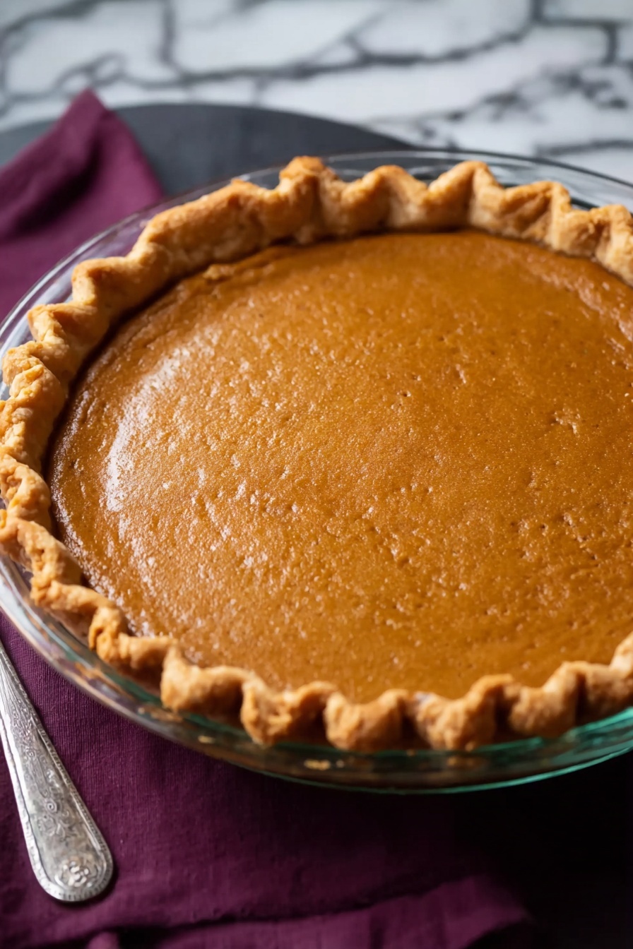 A single slice of pumpkin pie sits on a white plate, showing two layers: a thick, smooth orange pumpkin filling on the bottom, and a golden, flaky crust on the top and sides with crimped edges. On the top edge of the pie slice, a line of white whipped cream is piped in small swirls. A silver fork rests next to the slice on the plate. In the background, a larger pumpkin pie in a clear glass pie dish is slightly visible, also topped with whipped cream. The whole scene is on a white marbled surface with a dark purple cloth in the background. Photo taken with an iphone --ar 2:3 --v 7 - Silky Sweet Potato Pie, sweet potato pie recipe, creamy sweet potato dessert, comforting holiday pie, easy sweet potato pie