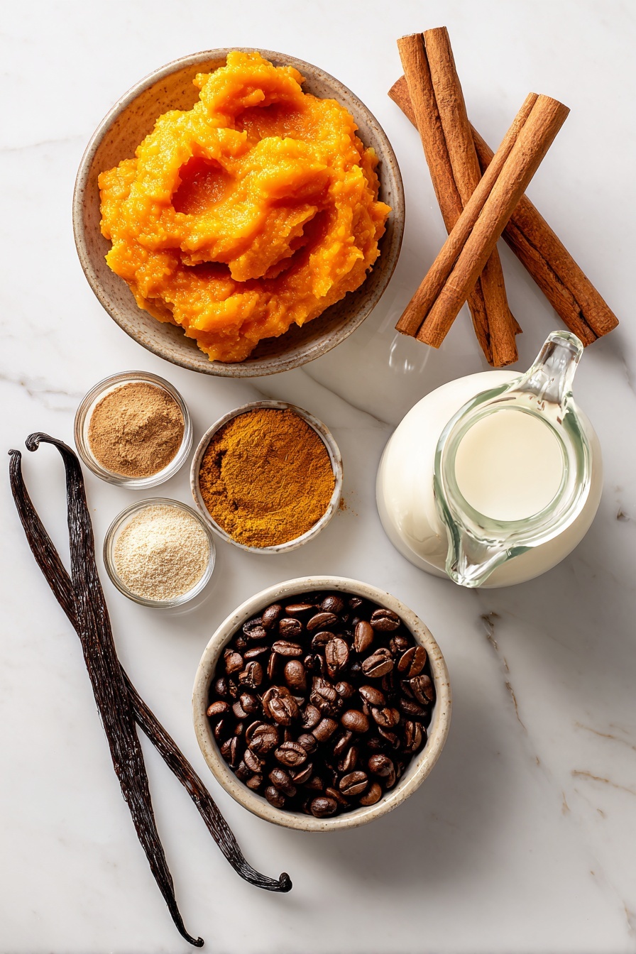 Flat lay of bright orange pumpkin puree dolloped next to warm brown cinnamon sticks, small piles of golden pumpkin pie spice and amber maple syrup glistening in light, fresh vanilla bean pods with smooth pale seeds visible, a small mound of rich dark roasted coffee beans, creamy white milk in a glass jug, all beautifully arranged with contrast and texture placed on white marbled surface, photo taken with an iphone --ar 2:3 --v 7 - Pumpkin Spice Latte, homemade pumpkin spice latte, fall coffee drinks, cozy pumpkin latte, DIY pumpkin spice coffee
