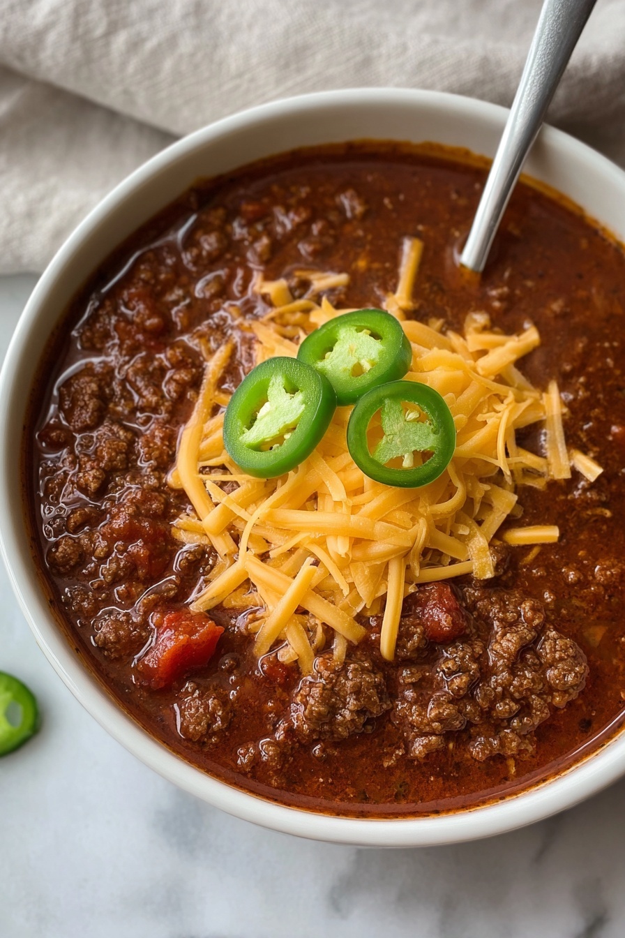 A white bowl filled with thick chili made of dark brown ground meat and red tomato chunks in a rich reddish-brown sauce. On top, there is a large layer of shredded yellow cheddar cheese, with three bright green sliced jalapeño rings placed on the cheese. A silver spoon is placed inside the bowl on the right side. The bowl is set on a white marbled surface with a soft cloth in the background. photo taken with an iphone --ar 2:3 --v 7 - The Best One Pot Chili, easy chili dinner, hearty chili recipe, quick one pot meal, family-friendly chili
