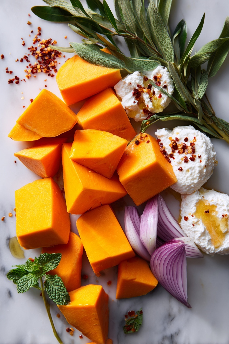 Flat lay of vibrant orange butternut squash cubes with smooth skin and soft flesh, thinly sliced pale purple shallots arranged in delicate layers, small fresh green mint leaves with textured veins scattered naturally, creamy white ricotta cheese dollops showing their soft, whipped texture, golden honey glistening in a small pool catching the light, glossy green olive branches with plump olives, and tiny red chili flakes sprinkled lightly nearby, all placed on white marbled surface, photo taken with an iphone --ar 2:3 --v 7 - Butternut Squash Crostini with Roasted Squash, Caramelized Shallots, and Fresh Mint, roasted butternut squash appetizer, elegant squash crostini, fall appetizer recipes, sophisticated party appetizers, easy roasted squash starters