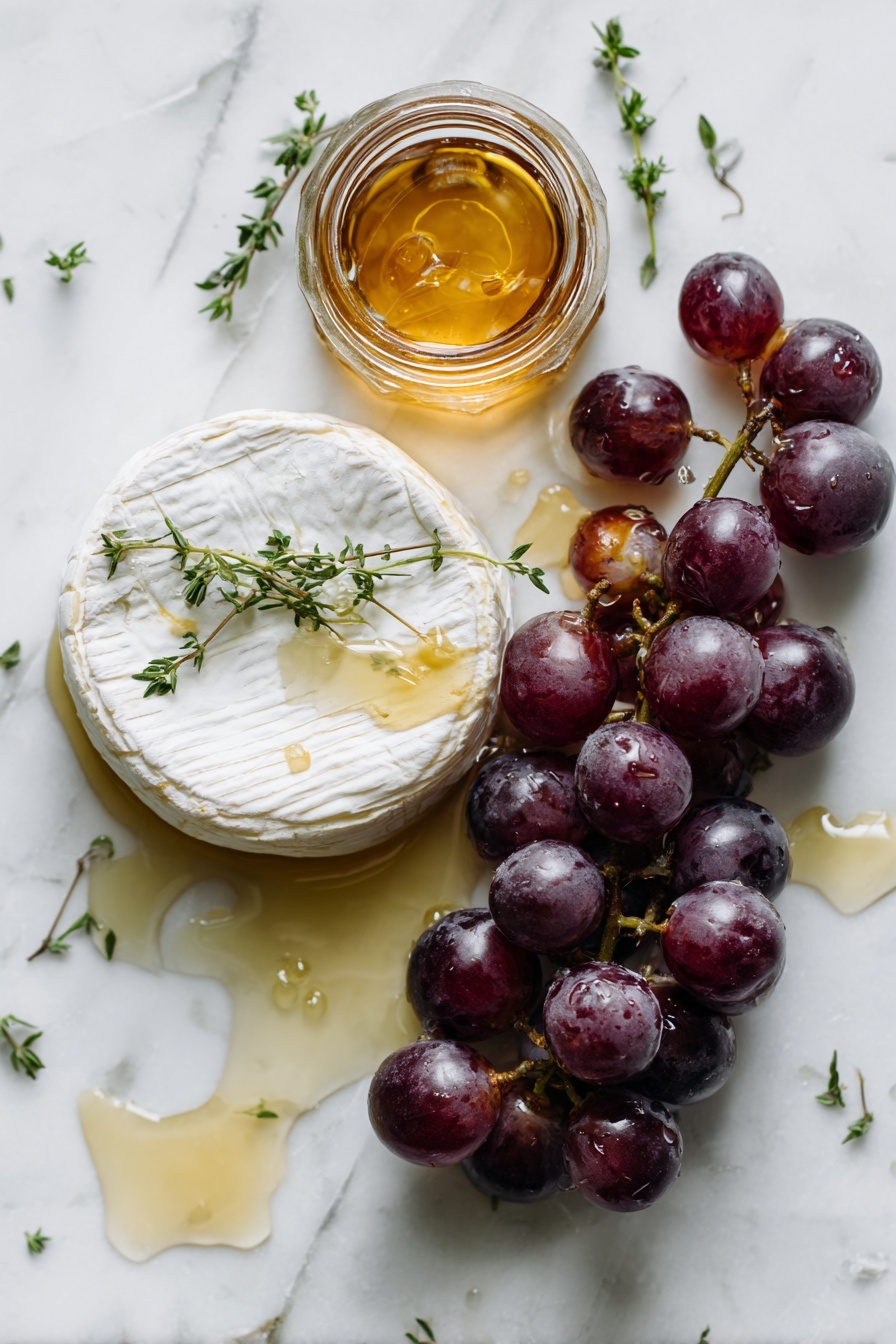Flat lay of a round wheel of creamy brie cheese with its soft white rind, a small bunch of plump, deep purple grapes with a slight bloom, a slender fresh thyme sprig with tiny green leaves, and a small glass jar of golden honey showing its thick, glossy texture, arranged naturally with some scattered honey drips nearby, all placed on white marbled surface, photo taken with an iphone --ar 2:3 --v 7 - Baked Brie with Honey and Thyme, baked brie appetizer, easy cheese appetizer, honey thyme cheese dip, elegant party starters