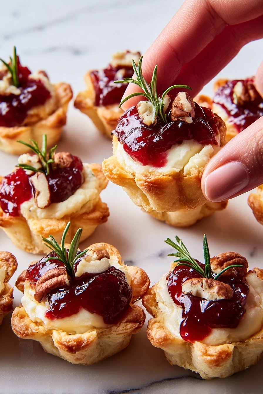 The image shows several small tartlets arranged closely on a white marbled surface. Each tartlet has a golden-brown crispy shell base shaped like a flower with slightly raised edges. Inside, there is a creamy white layer of soft cheese filling, topped with a bright red cranberry sauce dollop that looks shiny and thick. On top of the cranberry sauce are small pieces of pale brown pecans and a small sprig of fresh green rosemary sitting upright. One tartlet is being held gently by a woman's hand on the right side, lifting it slightly above the others, showing the layers clearly. photo taken with an iphone --ar 2:3 --v 7 - Cranberry Brie Bites, Easy Holiday Appetizer, Cranberry Brie Appetizer, Cheese and Cranberry Bites, Bite-sized Holiday Snacks