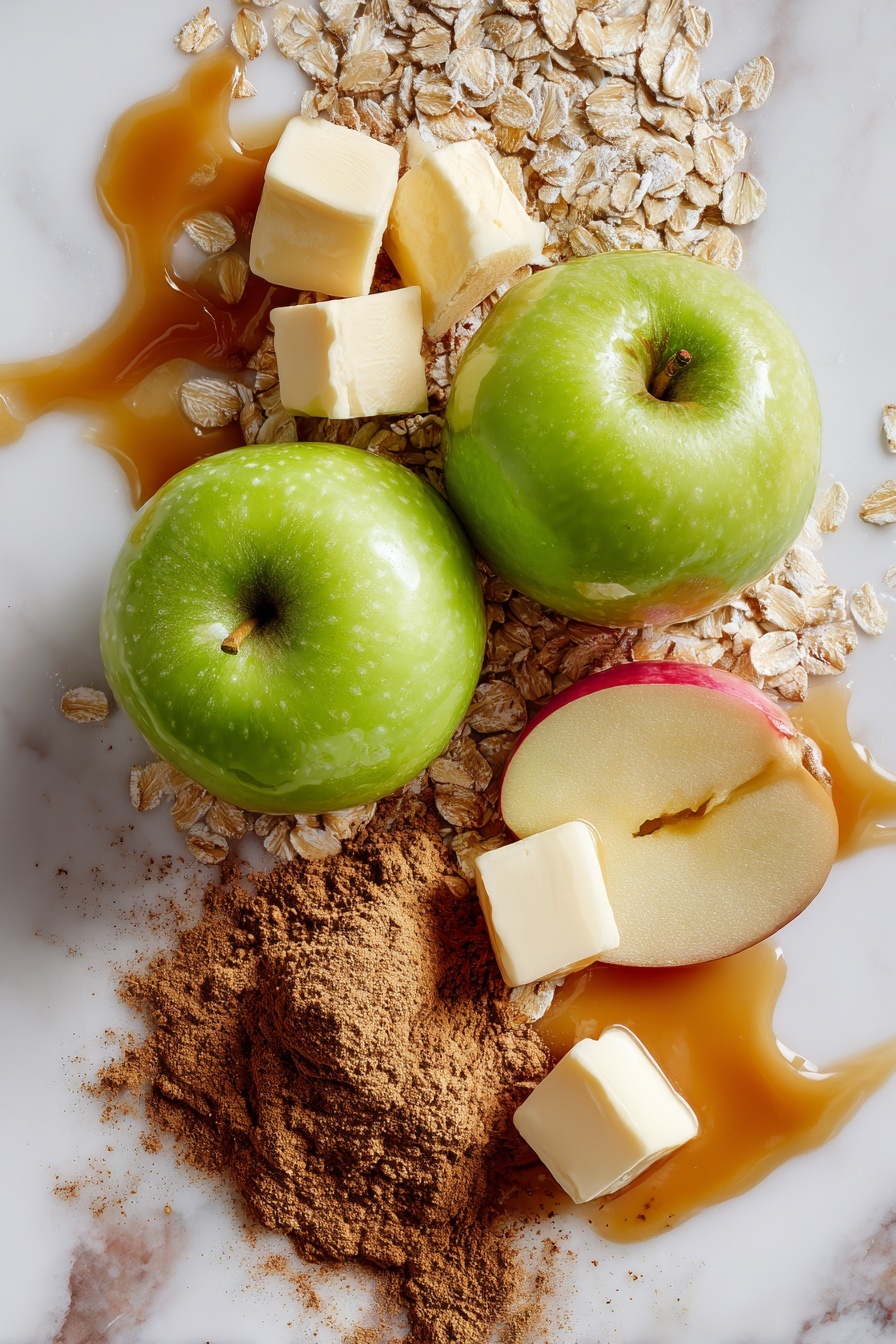 Flat lay of two crisp apples—one bright green Granny Smith and one rosy pink Lady—thinly sliced to show their juicy, fresh texture, rustic rolled oats scattered nearby with their rough, coarse surface, soft cubes of pale yellow cold butter contrasting with a small mound of light and dark golden brown sugar crystals, a heap of warm brown cinnamon powder with its fine, dusty texture, delicate specks of nutmeg, and a small drizzle of glossy, rich amber caramel sauce pooling slightly, all beautifully arranged in a natural, effortless style with overlapping layers and gentle shadows, placed on white marbled surface, photo taken with an iphone --ar 2:3 --v 7 - Salted Caramel Apple Pie Bars, apple pie bars with salted caramel, easy caramel apple dessert, autumn apple bar recipe, caramel apple dessert bars