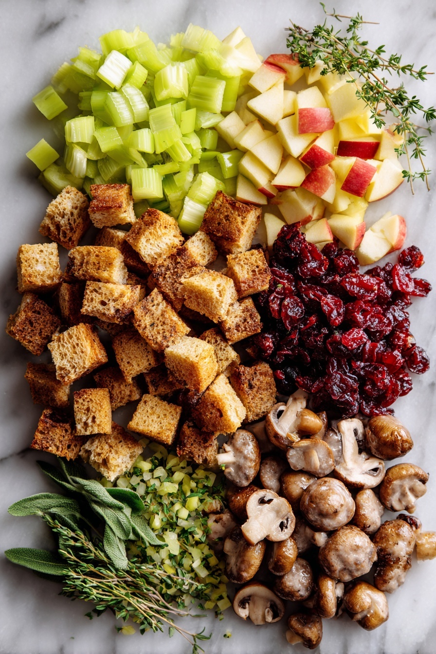 Flat lay of golden toasted whole wheat bread cubes, plump mild Italian sausage links, diced crisp green celery stalks, chopped sweet yellow onion, fresh bright green thyme, sage, and parsley leaves, juicy diced red apples, earthy brown mushrooms, and a small pile of dried cranberries, all beautifully arranged in clusters with natural spacing, placed on a white marble surface, photo taken with an iphone --ar 2:3 --v 7 - Sausage & Herb Stuffing, savory sausage stuffing, holiday stuffing recipes, flavorful stuffing with herbs, easy festive stuffing
