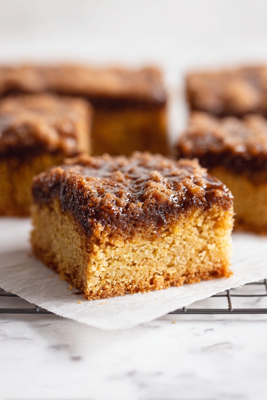 A square pastry cut into nine smaller squares sits on white parchment paper over a dark wire cooling rack, which rests on a white marbled surface. The pastry has a crumbly brown streusel topping that looks crunchy and uneven, with white icing drizzled over it in thin, irregular lines. Around the edges, some crumbs are scattered, and two clear glasses filled with milk are partially visible at the top and left side of the image. photo taken with an iphone --ar 2:3 --v 7 - Pumpkin Coffee Cake with Maple Glaze, pumpkin coffee cake, fall coffee cake, Pumpkin spice cake, maple glaze dessert
