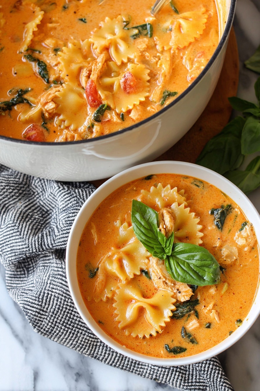 A white bowl filled with creamy orange soup showing soft, smooth texture mixed with small bits. Floating on top are three bright green basil leaves, and some finely grated white cheese. A spoon is lifting a piece of pasta shaped like a small bowtie, covered evenly with the soup. In the background, the edge of a white pot is seen, and the whole setting rests on a white marbled surface with a striped cloth nearby. The photo taken with an iphone --ar 2:3 --v 7 - Marry Me Chicken Soup, creamy chicken soup with sun-dried tomatoes, hearty chicken pasta soup, comforting chicken and cheese soup, easy chicken soup recipes