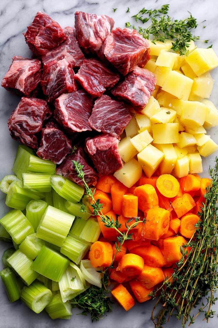Flat lay of raw beef chuck stew meat cut into cubes, fresh celery ribs cut into pieces, bright orange carrot chunks, peeled parsnips slices, peeled russet potato cubes, a medium chopped yellow onion, sprigs of fresh thyme, and a small pile of chopped fresh parsley leaves, all beautifully arranged on a white marble surface, photo taken with an iphone --ar 2:3 --v 7 - Easy Beef Stew, hearty beef stew recipe, comforting beef and vegetable stew, simple beef stew, savory beef stew for weeknights