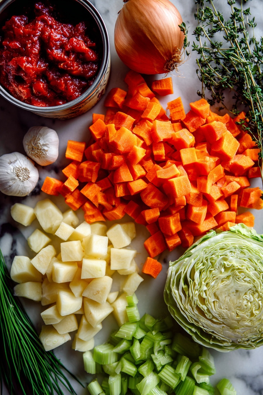 Flat lay of peeled parsnips cut into thick slices, bright orange diced carrots, fresh green celery ribs chopped finely, a medium yellow onion with its papery skin, plump garlic cloves unpeeled, vibrant green thinly sliced cabbage, a can of drained diced tomatoes showing rich red chunks, a small pile of deep red tomato paste, and fresh sprigs of parsley and chives, all beautifully arranged on a white marble surface, photo taken with an iphone --ar 2:3 --v 7 - Healthy Parsnip Shepherd's Pie, nutritious shepherd's pie with parsnips, homemade healthy shepherd's pie, low-calorie shepherd's pie recipe, wholesome comfort food