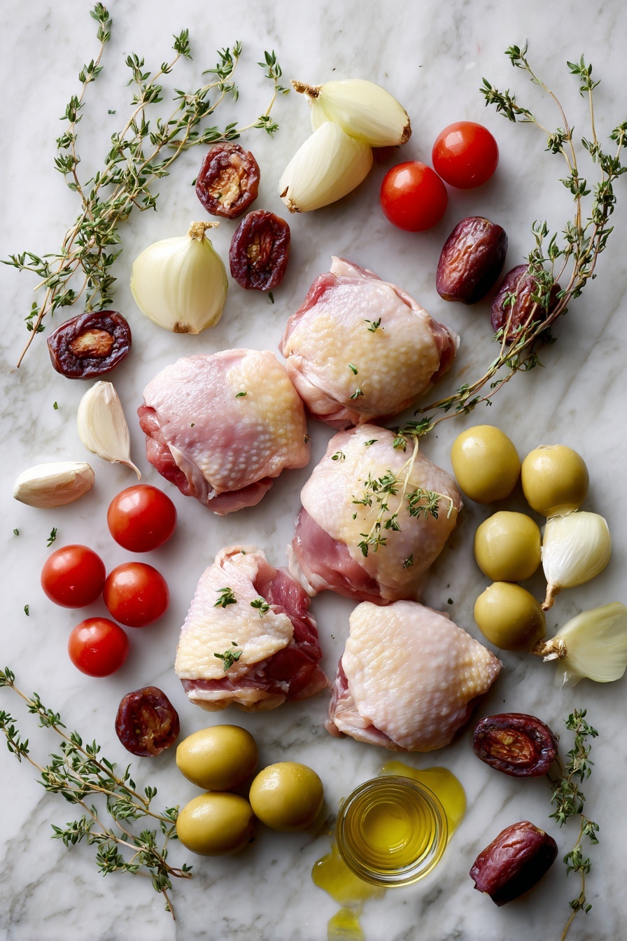 Flat lay of bone-in skin-on chicken thighs, fresh thyme sprigs, peeled garlic cloves, halved shallots, bright red cherry tomatoes, halved pitted dates, green olives, and a small drizzle of golden extra-virgin olive oil, all beautifully arranged in a natural, colorful composition placed on a white marble surface, photo taken with an iphone --ar 2:3 --v 7 - Chicken Provençal with Dates Olives and Cherry Tomatoes, Chicken Provençal recipe, Mediterranean chicken dish, easy chicken dinner, healthy chicken recipes
