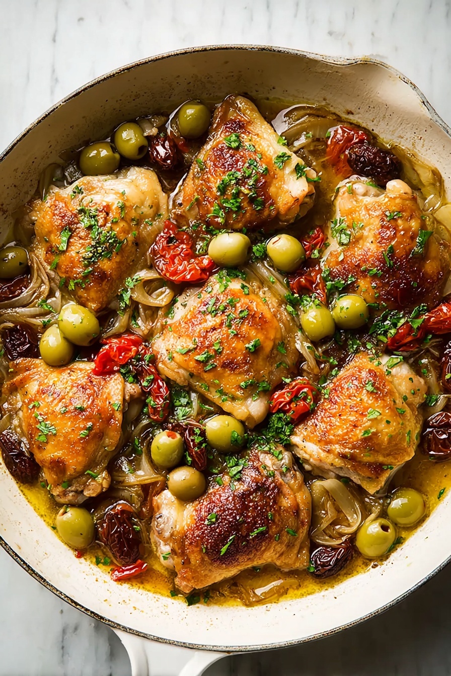 A white pan filled with six golden brown chicken thighs with crispy skin as the top layer, surrounded by bright green olives scattered all over. The second layer includes small roasted cherry tomatoes, whole cloves of garlic, and soft translucent onion pieces resting next to the chicken. Dark brown dates are also spread out, adding another texture beneath the chicken and olives. Fresh chopped green parsley is sprinkled on top, adding a fresh contrast to the warm colors. The dish sits on a white marbled surface. Photo taken with an iphone --ar 2:3 --v 7 - Chicken Provençal with Dates Olives and Cherry Tomatoes, Chicken Provençal recipe, Mediterranean chicken dish, easy chicken dinner, healthy chicken recipes