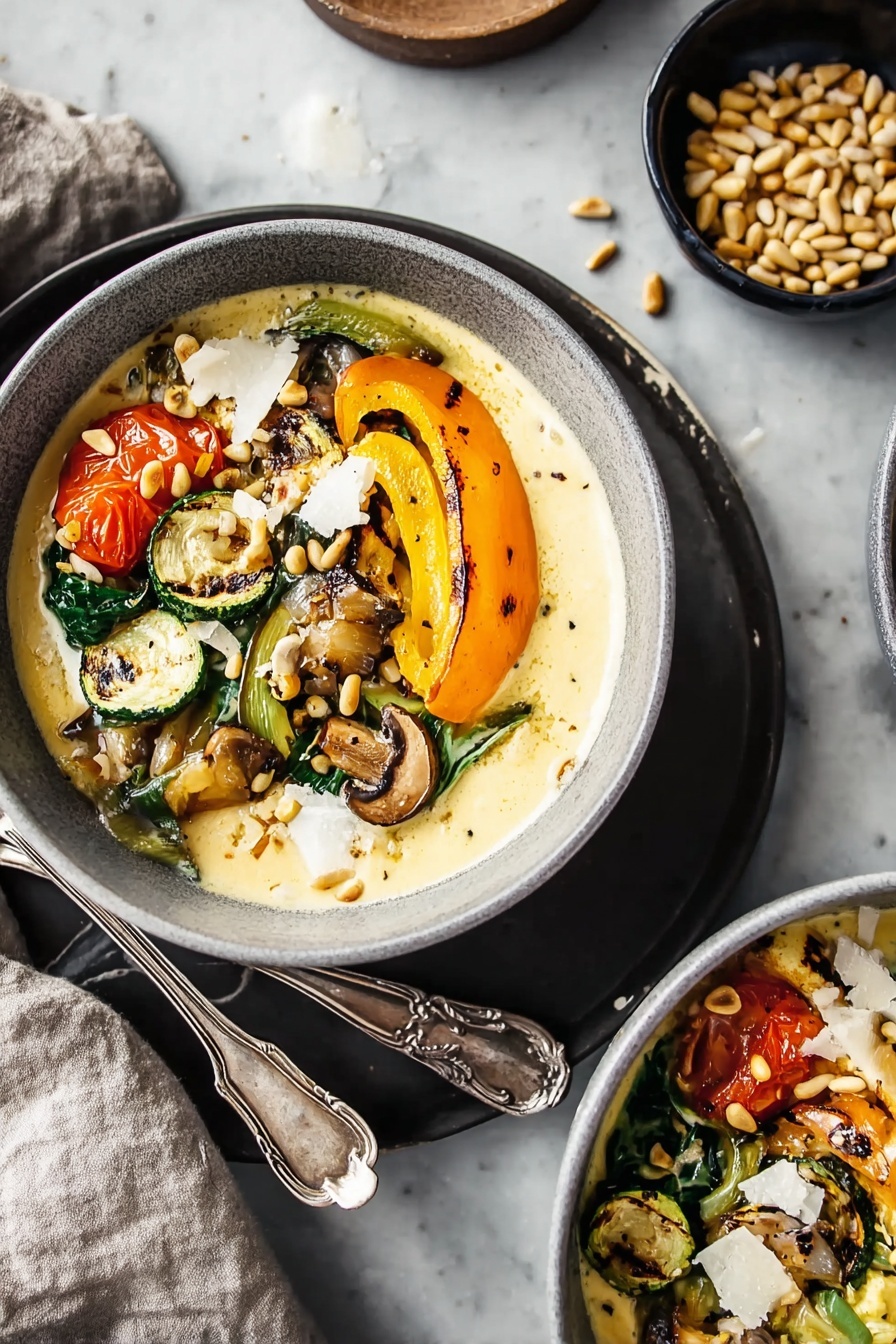 A bowl filled with a creamy yellow polenta base sprinkled with black pepper and pine nuts. On top, there is a colorful mix of vegetables arranged in a row: red roasted tomato, orange bell pepper, grilled mushroom, grilled zucchini, sautéed onions, and green leafy bok choy. Small pieces of white cheese are scattered over the vegetables and polenta. The bowl is white and set on a wooden board with a metal spoon resting next to it. The background has a white marbled texture. Photo taken with an iphone --ar 2:3 --v 7 - Creamy Goat Cheese Polenta with Ratatouille, Goat Cheese Polenta with Ratatouille, Vegetable and Goat Cheese Polenta, Hearty Ratatouille and Polenta, Vegetarian Ratatouille with Goat Cheese