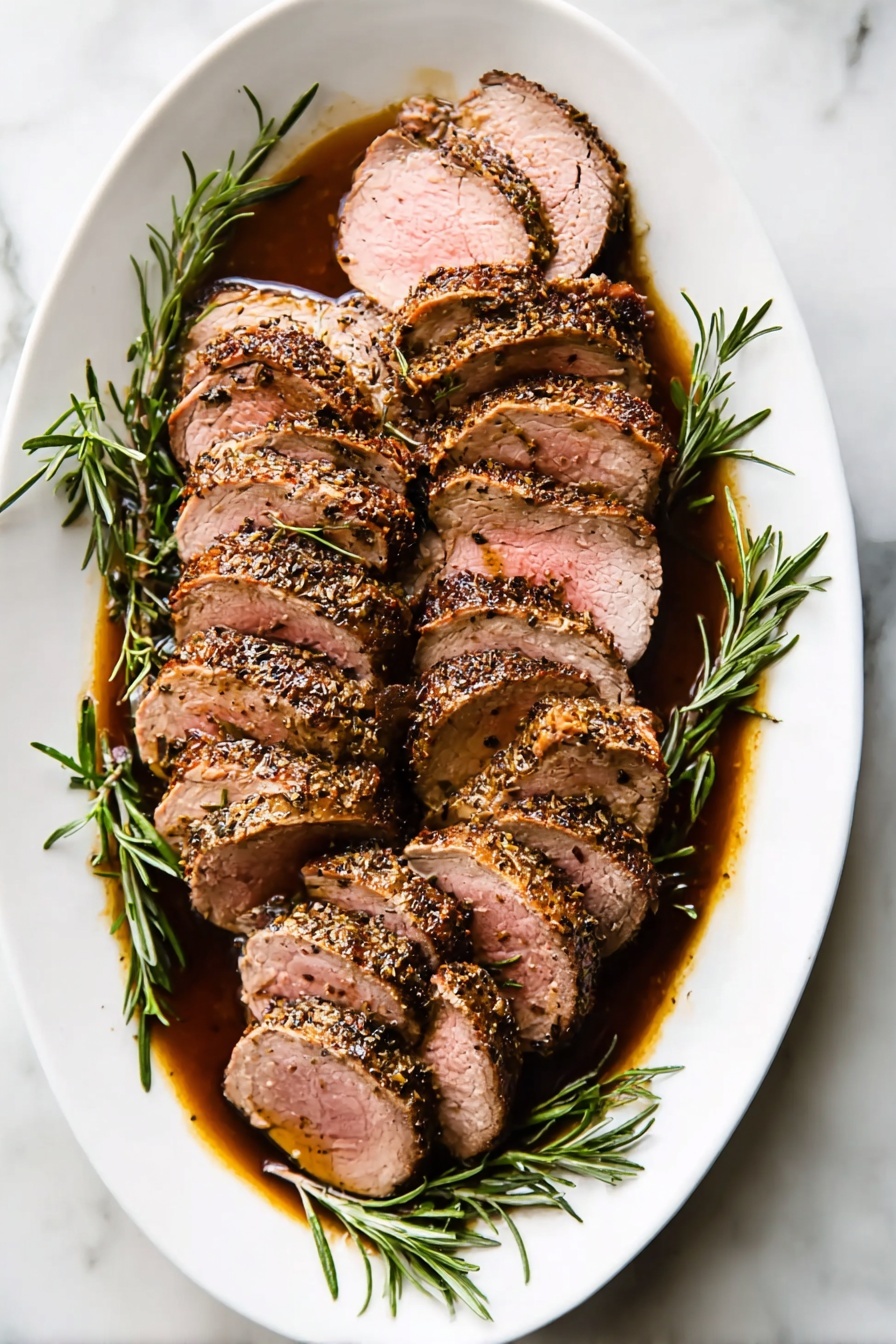 A white plate filled with two layers of sliced cooked meat with brown edges and light pink inside. The slices are arranged overlapping each other across the plate. Small green rosemary sprigs are scattered between and on top of the meat slices, adding color contrast. The plate sits on a white marbled surface. Photo taken with an iphone --ar 2:3 --v 7 - Herb Crusted Pork Tenderloin with Port Wine Sauce, herb crusted pork tenderloin, port wine pork recipe, elegant pork tenderloin dish, flavorful pork dinner