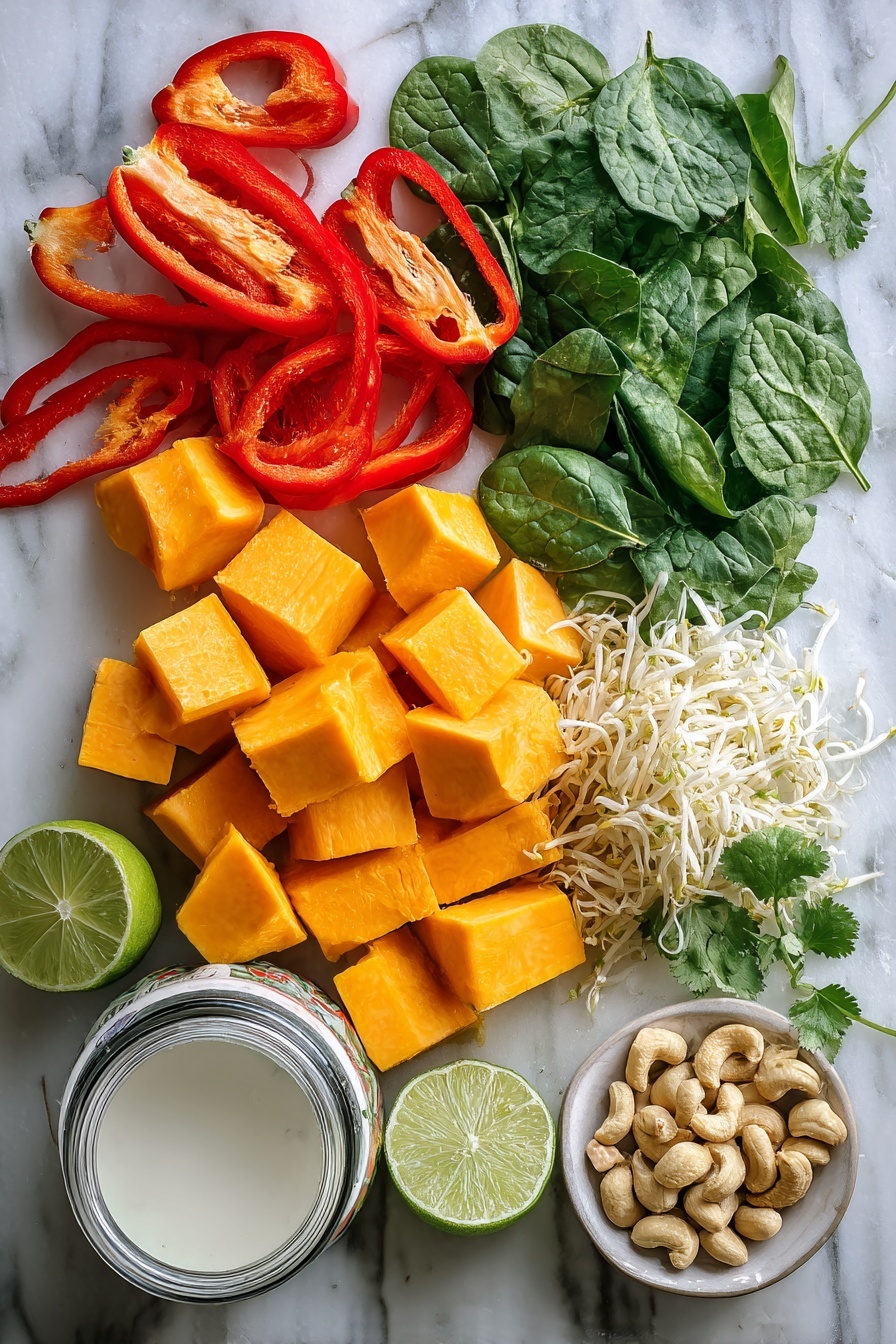 Flat lay of vibrant sugar pie pumpkin cubes, bright red bell pepper slices, fresh green baby spinach leaves, shredded boneless skinless chicken breast, a halved lime showing its juicy interior, small piles of toasted cashews, fresh cilantro sprigs, and a can of creamy full-fat coconut milk, all beautifully arranged on a white marble surface, photo taken with an iphone --ar 2:3 --v 7 - Slow Cooker Chicken Pumpkin Curry, chicken pumpkin curry, healthy pumpkin curry, easy slow cooker curry, comforting chicken curry