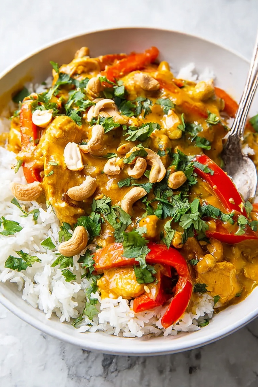 A white bowl filled with three layers: the bottom layer is white rice with visible grains, the middle layer is a thick yellow-orange curry sauce covering pieces of cooked chicken and bright red bell pepper strips, and the top layer is chopped green cilantro and whole cashew nuts scattered evenly. A silver spoon rests partially in the bowl on the rice side. The background is a white marbled texture. Photo taken with an iphone --ar 2:3 --v 7 - Slow Cooker Chicken Pumpkin Curry, chicken pumpkin curry, healthy pumpkin curry, easy slow cooker curry, comforting chicken curry