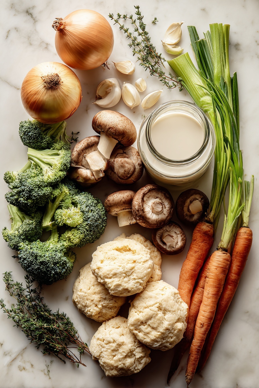 Flat lay of fresh yellow onion, bright orange carrots, crisp celery stalks, earthy brown mushrooms, peeled garlic cloves, vibrant green broccoli florets, creamy whole milk in a small glass jar, fresh thyme sprigs, and a mound of soft biscuit dough, all beautifully arranged on a white marble surface, photo taken with an iphone --ar 2:3 --v 7 - Biscuit Vegetable Pot Pie Casserole, hearty vegetable pot pie, easy veggie casserole, flaky biscuit topped casserole, comforting vegetable bake