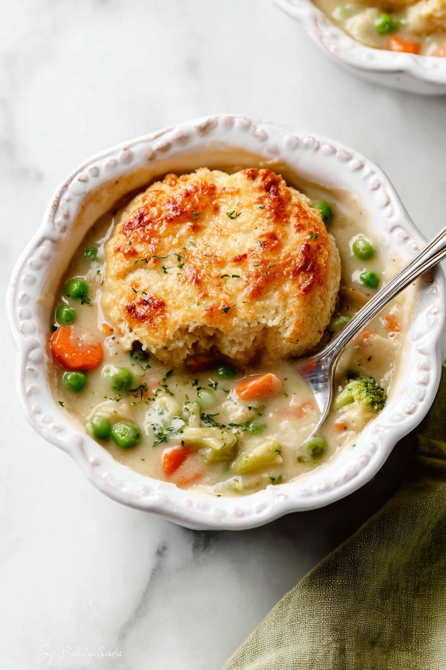 This image shows a baking dish filled with a thick stew base of green peas, orange carrot slices, and small bits of celery in a creamy light beige sauce. On top, there are several large round biscuit-like dumplings with a golden-brown crust and soft, crumbly texture. The dumplings are lightly browned on top with specks of black pepper and bits of green herb inside. The baking dish is white, and the whole scene is on a white marbled surface. Photo taken with an iphone --ar 2:3 --v 7 - Biscuit Vegetable Pot Pie Casserole, hearty vegetable pot pie, easy veggie casserole, flaky biscuit topped casserole, comforting vegetable bake