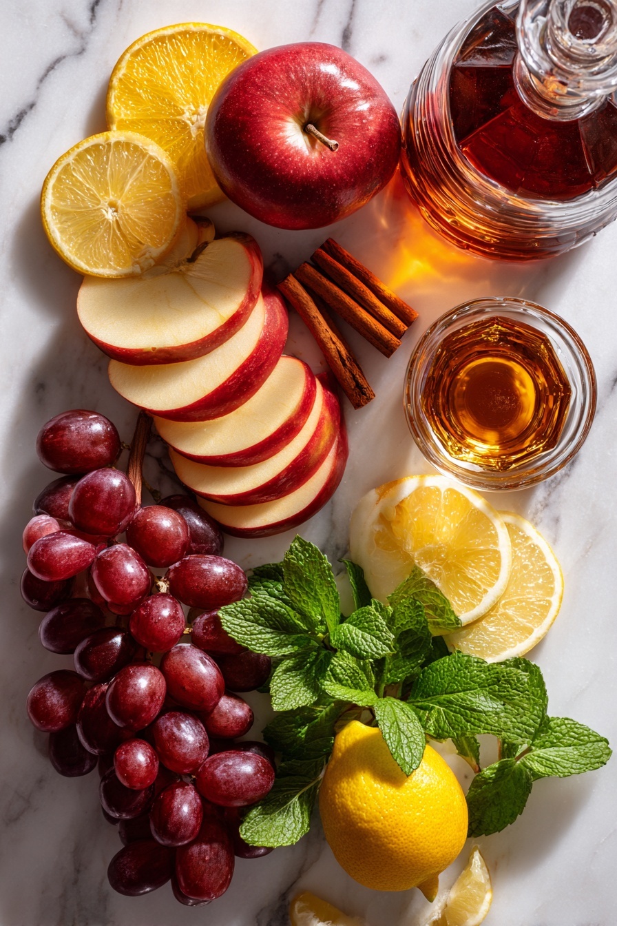Flat lay of bright red Honeycrisp apple slices, thinly sliced vibrant orange rounds, several warm brown cinnamon sticks scattered around, a small cluster of glossy dark red grapes, a clear glass bottle of deep red wine with a rich ruby hue, a small glass jug filled with golden amber brandy, and fresh lemon wedges arranged with fresh green mint leaves for a pop of color, all placed on a white marble surface, photo taken with an iphone --ar 2:3 --v 7 - Honeycrisp Apple Red Sangria, fruity fall sangria, easy sangria recipe, apple cinnamon sangria, make-ahead red sangria