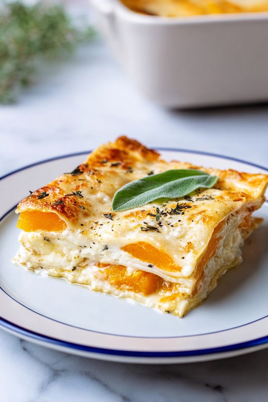 A white rectangular baking dish holds a cheesy layered casserole with three visible layers, topped with a golden-brown melted cheese layer scattered with fresh green herb leaves. The top cheese layer is creamy white with browned spots and sprinkled with small dried herb bits. Below this, a bright yellow-orange layer peeks out near the edges, contrasting with the creamy top. One square piece is partially lifted by a wooden spatula, showing a soft, rich texture inside. The dish sits on a white marbled surface next to a beige cloth and scattered fresh herbs. Photo taken with an iphone --ar 2:3 --v 7 - Butternut Squash and Sage Lasagna, vegetarian lasagna recipes, fall comfort food recipes, easy lasagna with squash, seasonal vegetarian dinners
