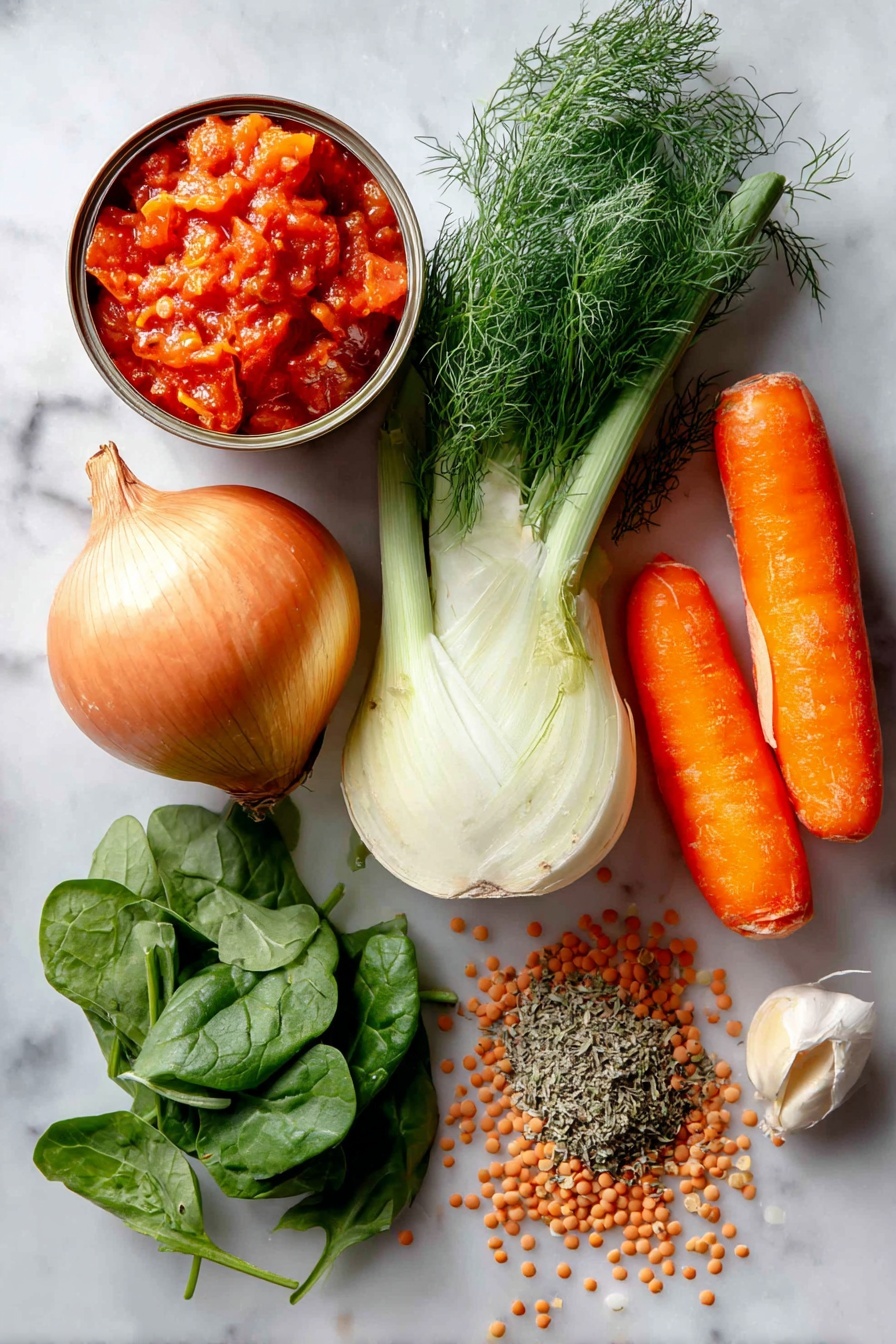 Flat lay of a medium yellow onion, a fresh fennel bulb with feathery fronds, two large bright orange carrots, a single peeled garlic clove, uncooked brown lentils scattered in a small pile, a can of diced fire roasted tomatoes with rich red pieces visible, fresh vibrant baby spinach leaves loosely spread out, and a small mound of dried oregano, placed on a white marble surface, photo taken with an iphone --ar 2:3 --v 7 - Best Lentil Soup, Lentil Soup recipe, hearty lentil soup, easy lentil soup, comforting lentil soup