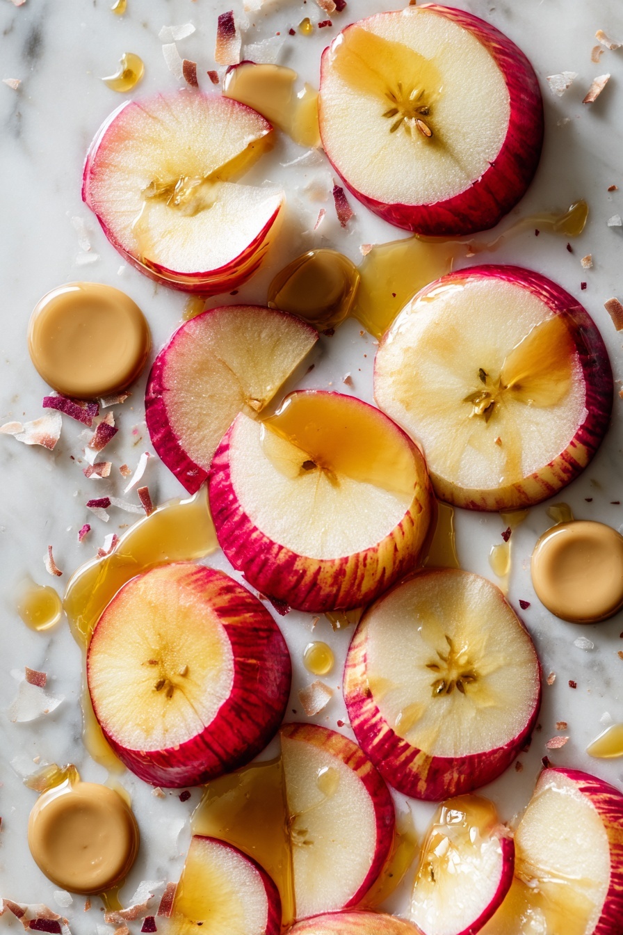 Flat lay of vibrant Honeycrisp apple slices with their glossy red and yellow skin, lightly shredded unsweetened coconut flakes scattered around, smooth almond butter dollops, glistening dark chocolate chips, and small pools of creamy coconut oil, all arranged in an inviting, natural pattern with a touch of maple syrup drizzle catching the light, placed on a white marble surface, photo taken with an iphone --ar 2:3 --v 7 - Apple Samoas Indulgent Snacks, healthy apple cookie bites, quick and easy apple desserts, homemade chocolate apple treats, wholesome apple snack ideas