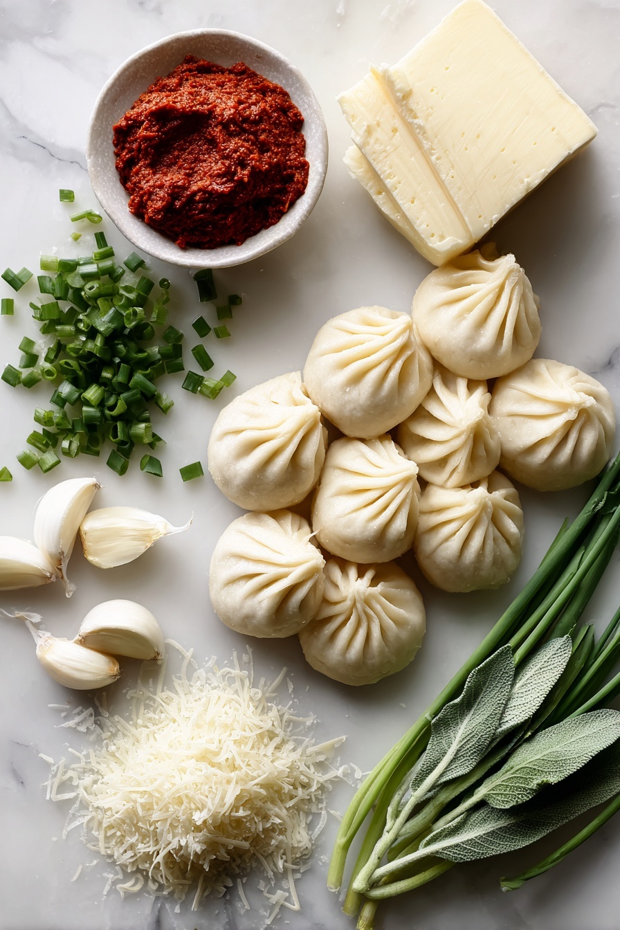 Flat lay of frozen soup dumplings arranged in a crescent shape, a small pile of bright red gochujang paste, fresh green chopped chives scattered around, a few cloves of peeled garlic, a small mound of grated parmesan cheese, a few leaves of fresh sage, and a pat of unsalted butter with a creamy texture, all placed on a white marble surface, photo taken with an iphone --ar 2:3 --v 7 - Soup Dumplings in Creamy Gochujang Sauce, soup dumpling recipe with gochujang sauce, easy Asian dumpling dinner, spicy gochujang dipping sauce, gourmet soup dumplings