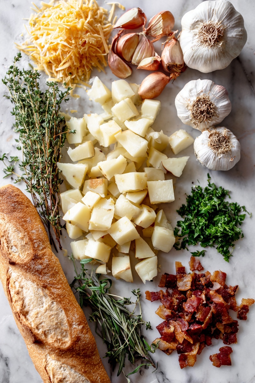 Flat lay of peeled diced waxy potatoes, halved shallots, whole garlic heads with tops cut off, sprigs of dried thyme and rosemary, fresh sprigs of parsley, crispy crumbled bacon, shredded mild cheddar cheese, and a fresh baguette, all beautifully arranged on a white marble surface, photo taken with an iphone --ar 2:3 --v 7 - Easy Roasted Garlic Soup, roasted garlic soup, creamy garlic potato soup, comforting garlic soup, quick garlic soup recipe