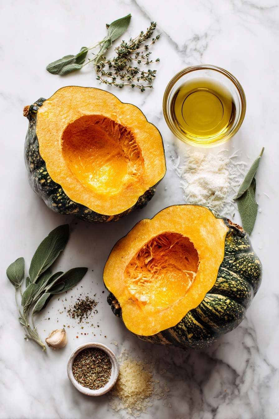 Flat lay of two halved acorn squash with bright orange flesh and green ridged skin, a small heap of finely grated parmesan cheese, dried basil leaves, dried thyme sprigs, dried oregano, garlic powder scattered lightly, and a small glass bowl of golden extra-virgin olive oil, all beautifully arranged with a few fresh herb sprigs for color, placed on a white marble surface, photo taken with an iphone --ar 2:3 --v 7 - Parmesan Herb Roasted Acorn Squash, roasted acorn squash, easy squash side dish, baked acorn squash with herbs, cheesy acorn squash