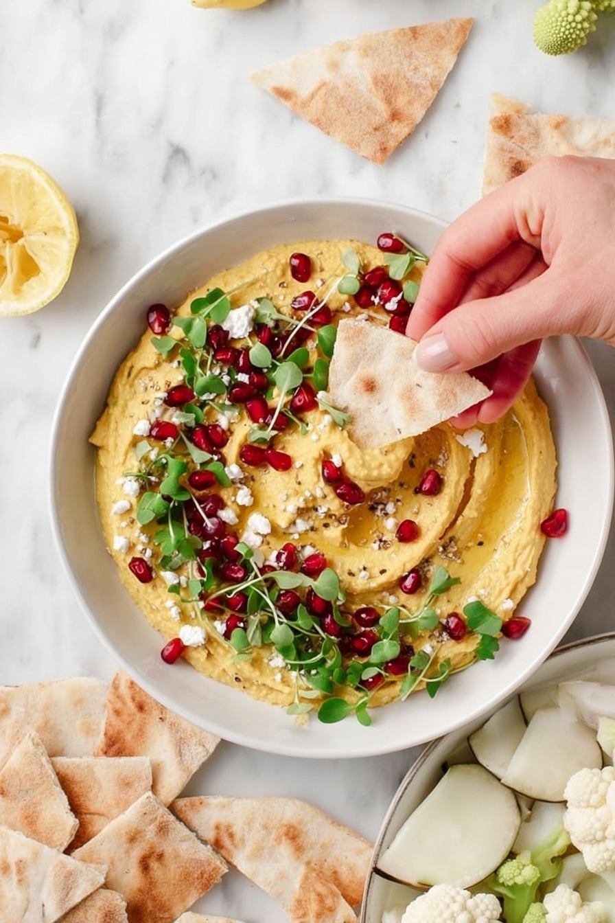 A white bowl filled with smooth, creamy yellow hummus spread evenly in a circular pattern, topped with small bright red pomegranate seeds scattered around, white crumbly cheese bits, and fresh green microgreens spread evenly on top. A woman's hand is dipping a pale beige pita chip with crinkled edges into the hummus. Around the bowl are triangular pieces of pita bread in light tan color and slices of a white vegetable with dark edges arranged in a semi-circle on a white marbled surface. Pieces of light green romanesco cauliflower and a half lemon are also visible nearby. Photo taken with an iphone --ar 2:3 --v 7 - Butternut Squash Hummus with Feta and Pomegranates, roasted butternut squash dip, healthy squash hummus, festive appetizer with pomegranate, feta cheese hummus