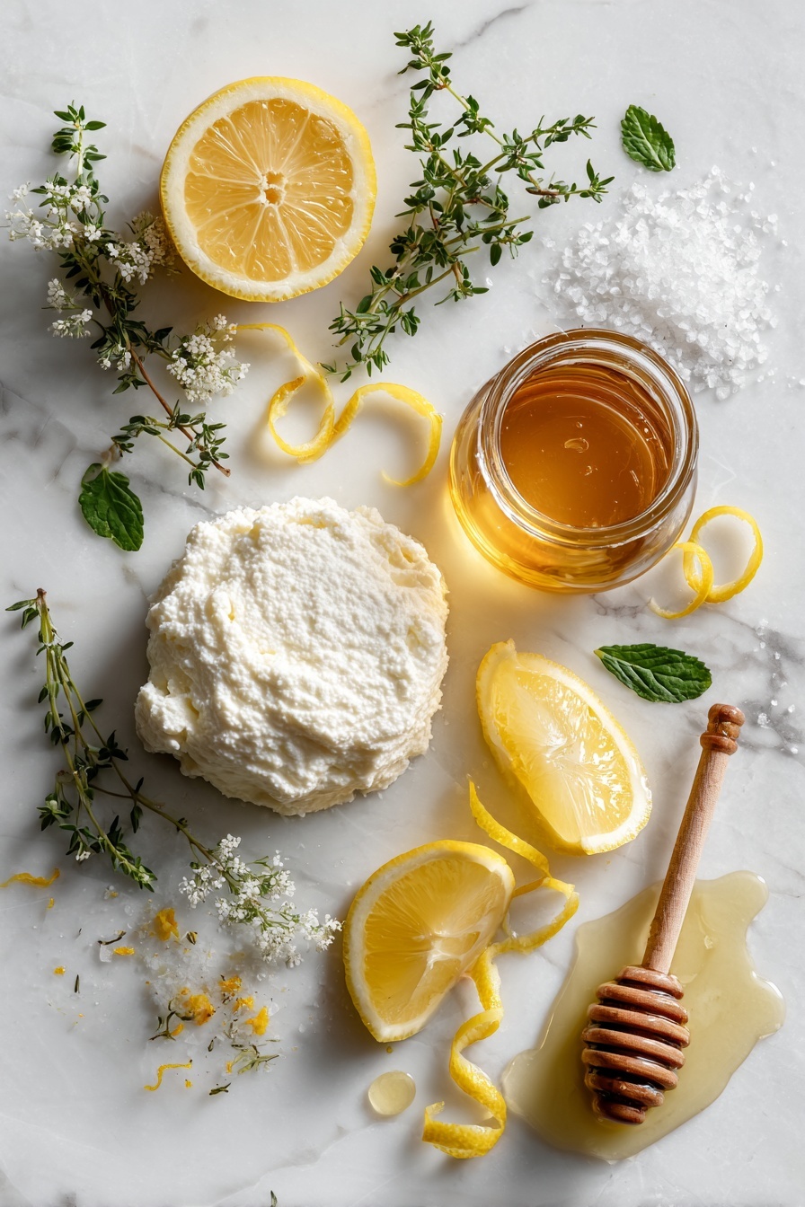 Flat lay of fresh whole milk ricotta cheese in a soft mound, a small glass jar of golden honey with a honey dipper resting beside it, a bright yellow lemon cut into wedges with scattered lemon zest curls, sprigs of fresh green thyme leaves artfully placed around, a small pile of flaky sea salt crystals shimmering under the light, and a thin stream of extra-virgin olive oil gently drizzled across the scene, all arranged beautifully on a white marble surface, photo taken with an iphone --ar 2:3 --v 7 - Whipped Ricotta with Lemon, Honey, and Fresh Herbs on Crostini,Easy Ricotta Appetizer,Fresh Herb Crostini,Lemon Honey Ricotta Spread,Quick Cheese Appetizer
