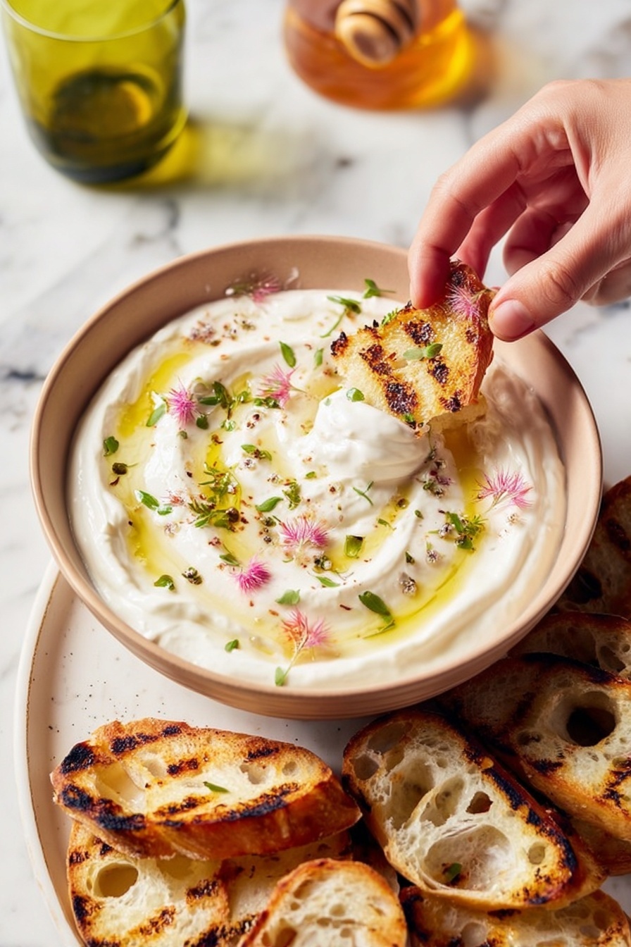 A bowl with thick, creamy white yogurt swirled smoothly, topped with small green herb leaves and tiny pink flower petals, along with a drizzle of light golden olive oil creating shiny spots on the surface. In the yogurt, a grilled slice of light brown bread with dark grill marks is being dipped by a woman's hand pinching it gently. Nearby, a white plate holds more grilled bread slices, showing a mix of golden brown with darker, toasted edges and holes in the crumb texture. The scene is set on a white marbled surface with a glass jar holding honey and a small green glass cup partially visible. photo taken with an iphone --ar 2:3 --v 7 - Whipped Ricotta with Lemon, Honey, and Fresh Herbs on Crostini,Easy Ricotta Appetizer,Fresh Herb Crostini,Lemon Honey Ricotta Spread,Quick Cheese Appetizer