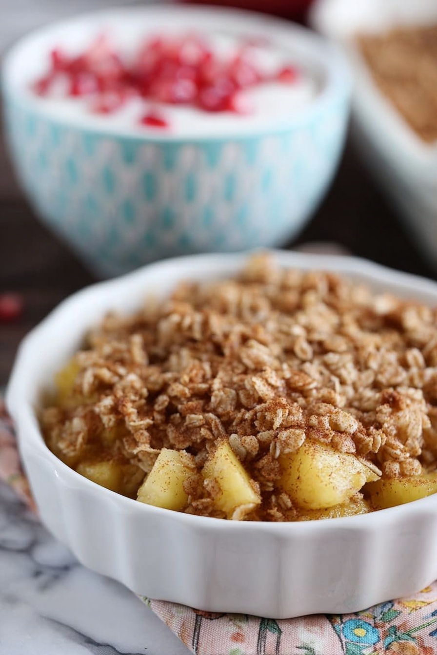 In the image, there is a round white ceramic dish filled with a crumbly apple oat mixture. The dish shows two distinct layers: the bottom layer is small chunks of yellow apple pieces, and the top layer is a golden brown oat crumble made of oats mixed with cinnamon or spices. The surface underneath the dish is a dark wood table with a multi-colored cloth napkin underneath. In the background, slightly blurred, there is a white bowl with a light blue geometric pattern filled with white yogurt and red pomegranate seeds. The whole setting is on a white marbled surface. photo taken with an iphone --ar 2:3 --v 7 - Amish-Style Apple and Cinnamon Baked Oatmeal, healthy baked oatmeal with apples and cinnamon, comforting breakfast recipes, easy make-ahead breakfast ideas, cozy fruit oatmeal