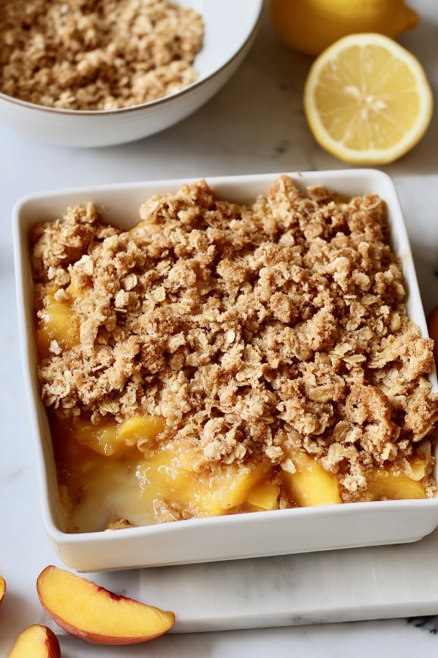 A white bowl holds three main layers: the bottom layer is golden brown cooked apple pieces with a soft texture, the middle layer is a crumbly oat and brown sugar topping with a rough texture, and the top layer is a large round scoop of smooth white vanilla ice cream slowly melting over the warm fruit and crumbs. A metal spoon rests inside the bowl, partially scooping up the apple crumble. The bowl is placed on a white marbled surface. photo taken with an iphone --ar 2:3 --v 7 - Apple Crisp, Easy Apple Crisp, comforting apple dessert, simple apple crumble, quick apple dessert
